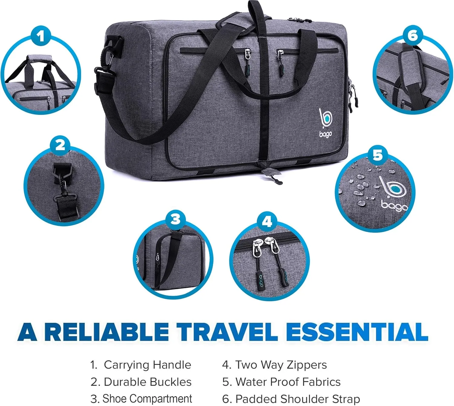Bago Foldable Duffel Bags for Traveling Women & Men - 40L Sports Packable Duffle Bag for Travel with Shoe Compartment - Water Repellant, Heavy Duty, Lightweight Folding & Collapsible (SnowBlack)