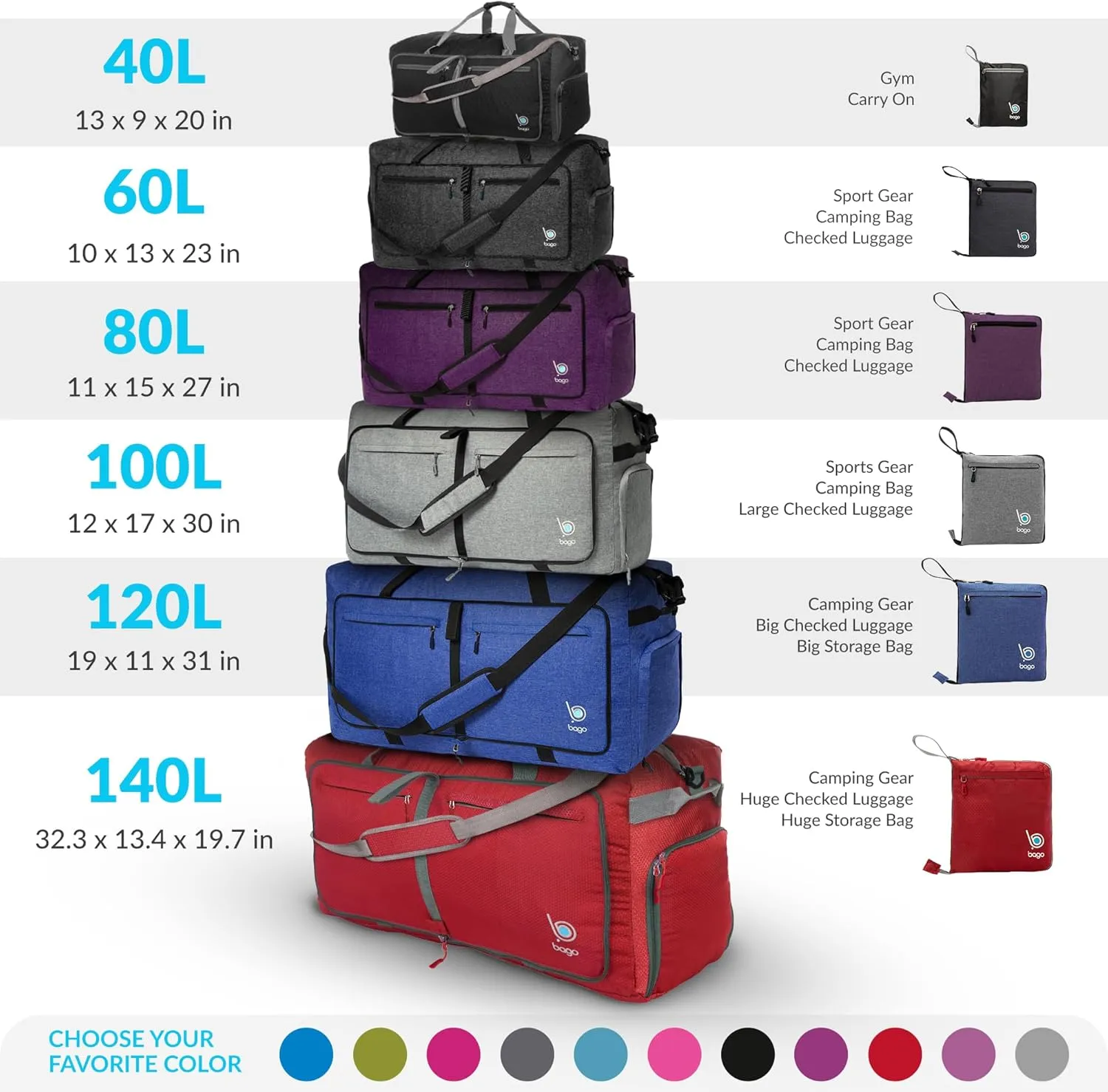 Bago Foldable Duffel Bags for Traveling Women & Men - 40L Sports Packable Duffle Bag for Travel with Shoe Compartment - Water Repellant, Heavy Duty, Lightweight Folding & Collapsible (SnowDepBlue)