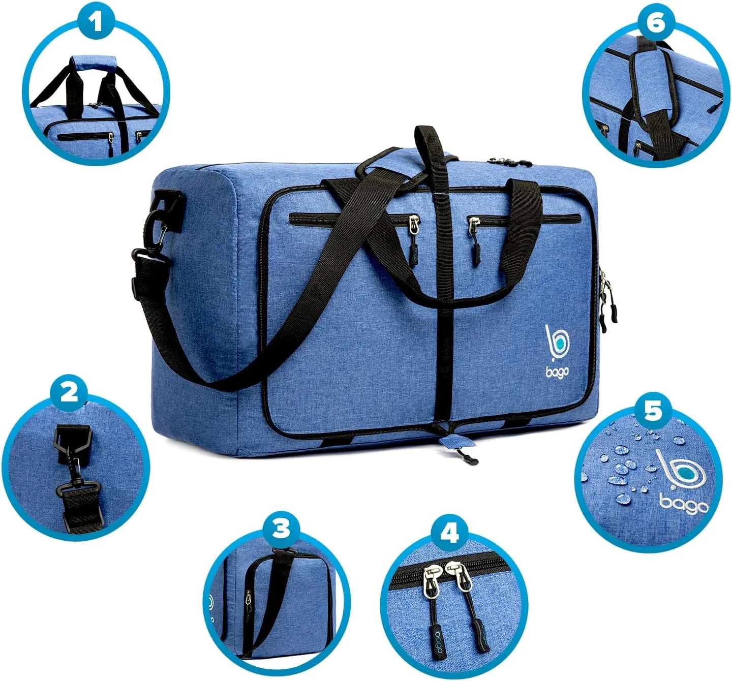 Bago Foldable Duffel Bags for Traveling Women & Men - 40L Sports Packable Duffle Bag for Travel with Shoe Compartment - Water Repellant, Heavy Duty, Lightweight Folding & Collapsible (SnowDepBlue)