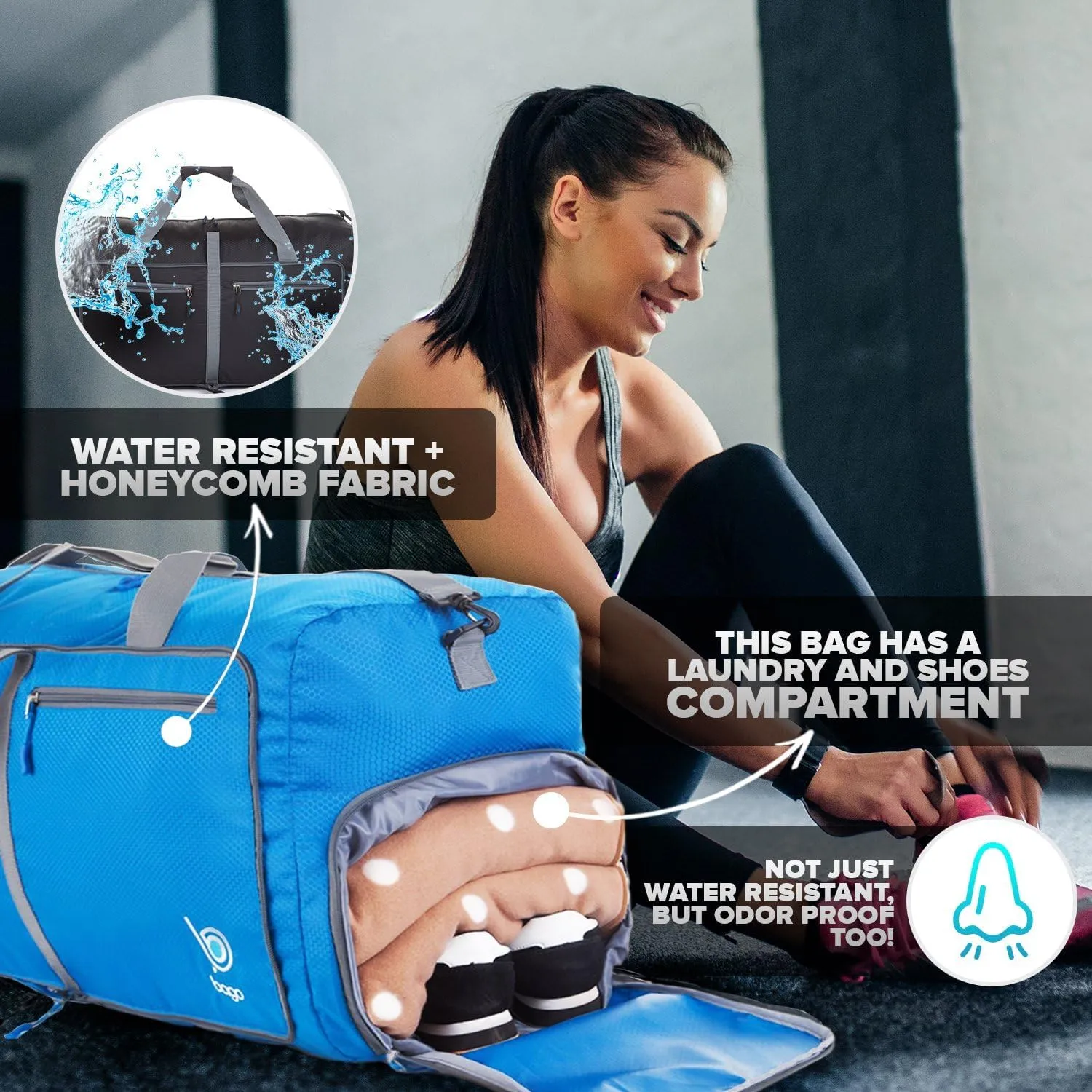 Bago Large Foldable Duffel Bags for Traveling Women & Men - 100L Packable Duffle Bag for Travel with Shoe Compartment - Water Repellant, Heavy Duty, Lightweight Folding & Collapsible (Blue)