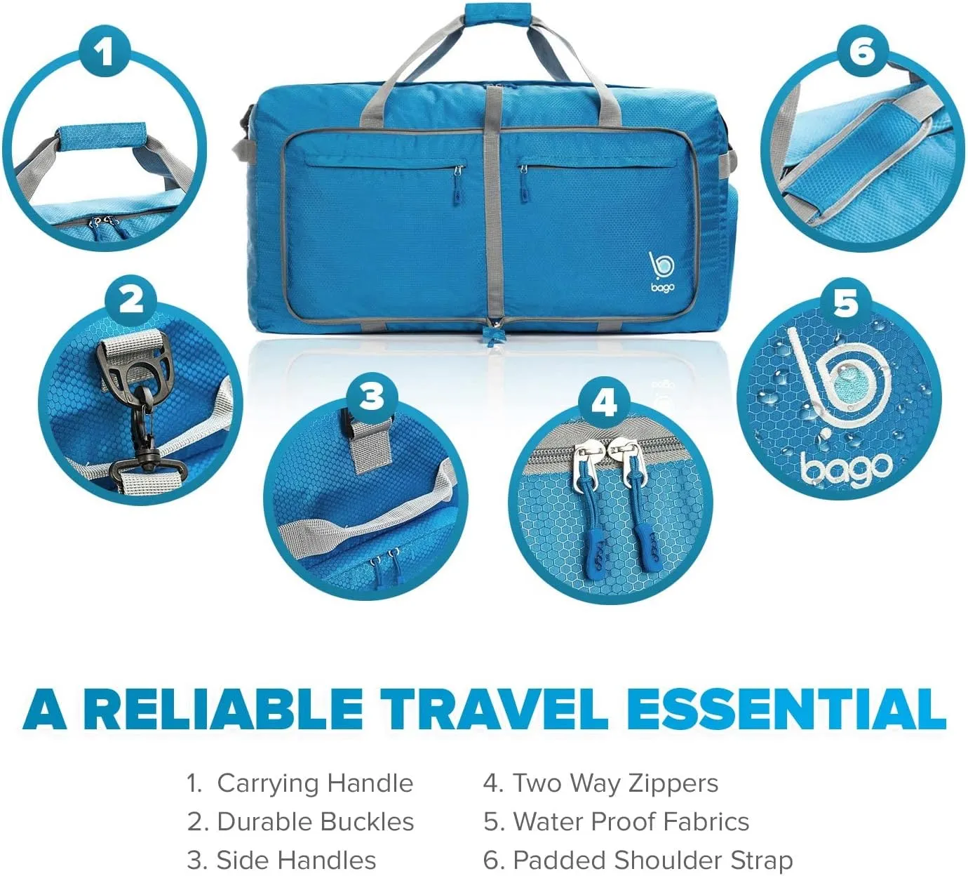 Bago Large Foldable Duffel Bags for Traveling Women & Men - 100L Packable Duffle Bag for Travel with Shoe Compartment - Water Repellant, Heavy Duty, Lightweight Folding & Collapsible (Blue)