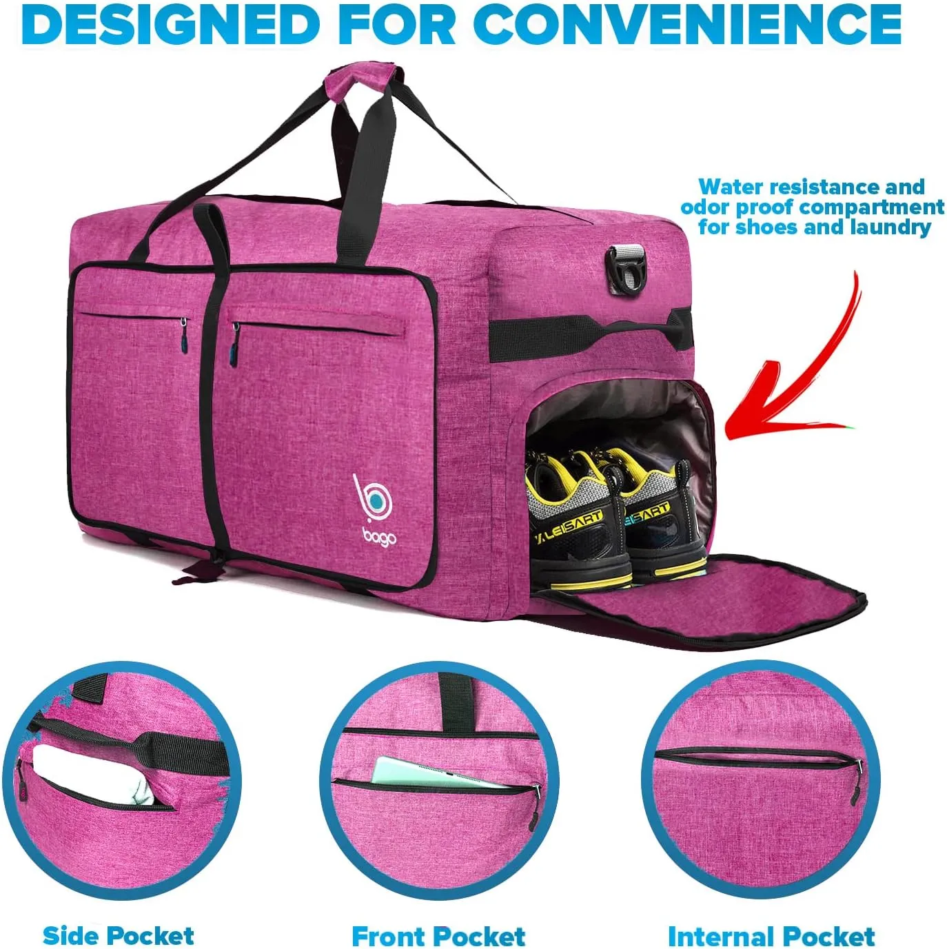 Bago Large Foldable Duffel Bags for Traveling Women & Men - 100L Packable Duffle Bag for Travel with Shoe Compartment - Water Repellant, Heavy Duty, Lightweight Folding & Collapsible (SnowPink)