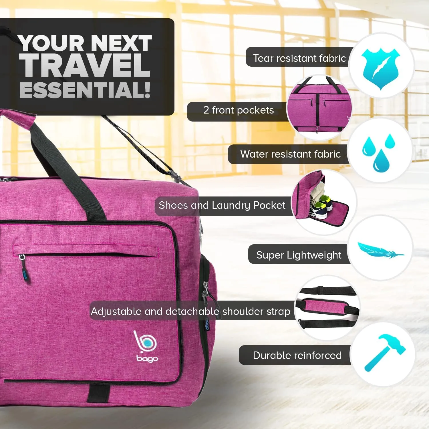 Bago Large Foldable Duffel Bags for Traveling Women & Men - 100L Packable Duffle Bag for Travel with Shoe Compartment - Water Repellant, Heavy Duty, Lightweight Folding & Collapsible (SnowPink)