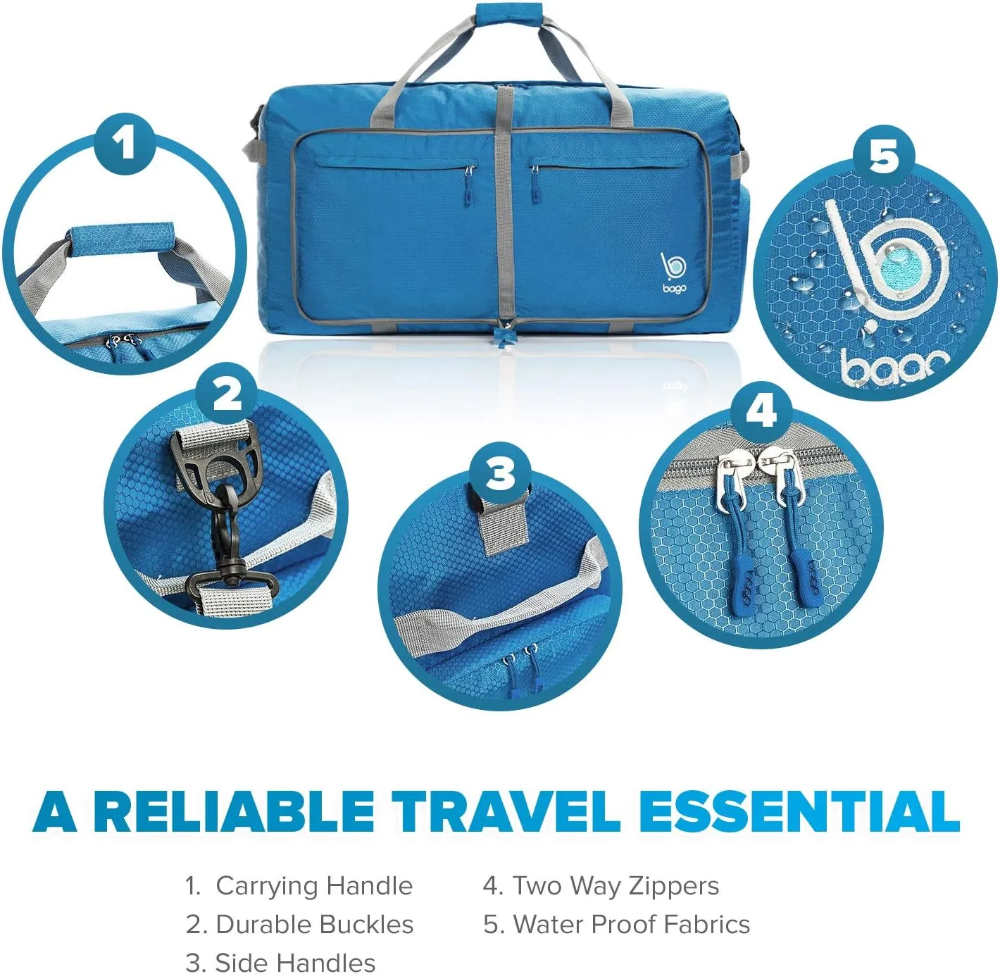 Bago Large Foldable Duffel Bags for Traveling Women & Men - 120L Packable Duffle Bag for Travel with Shoe Compartment - Water Repellant, Heavy Duty, Lightweight Folding & Collapsible (Blue)