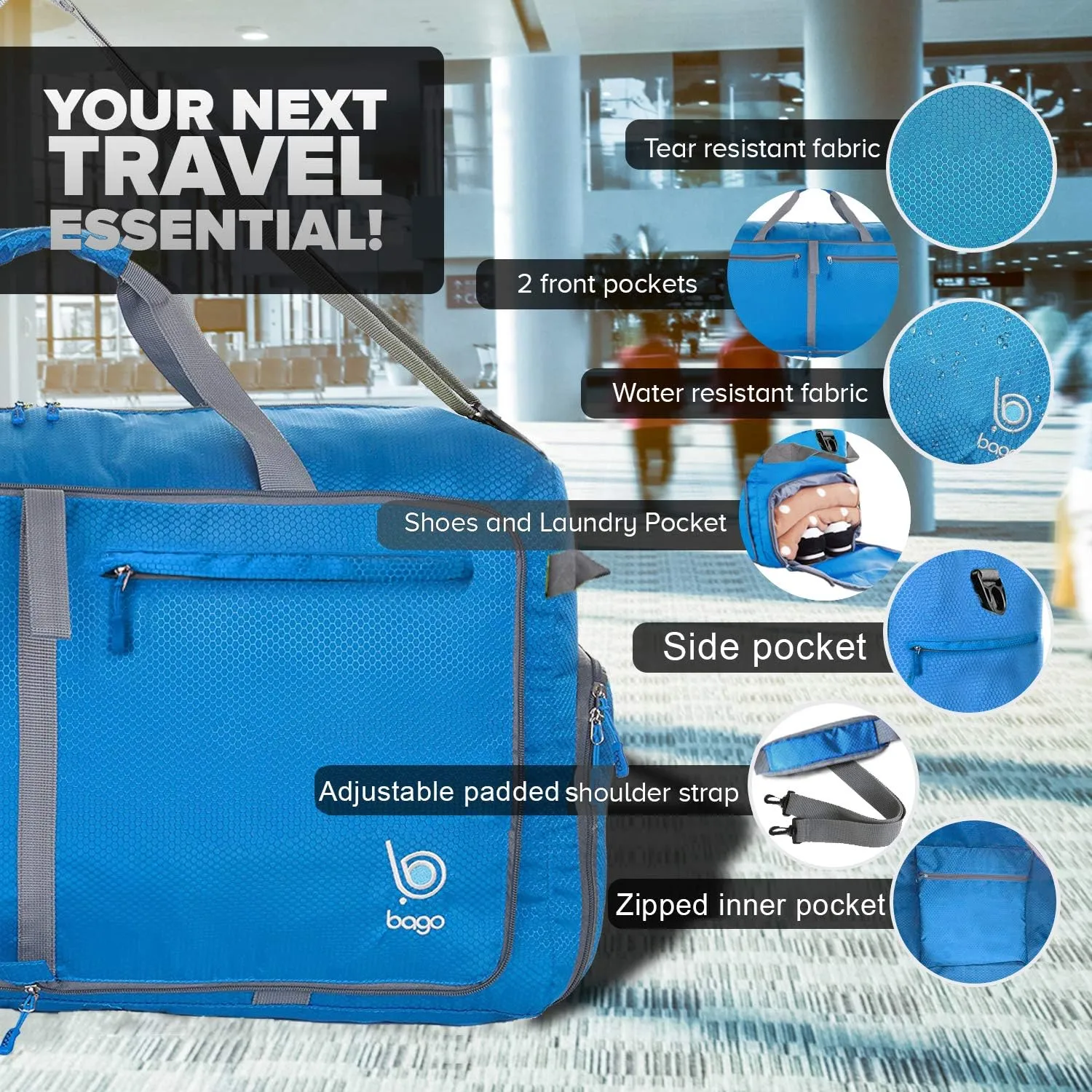 Bago Large Foldable Duffel Bags for Traveling Women & Men - 120L Packable Duffle Bag for Travel with Shoe Compartment - Water Repellant, Heavy Duty, Lightweight Folding & Collapsible (Blue)