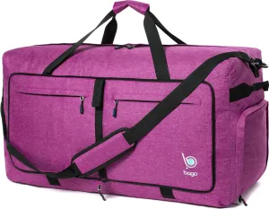 Bago Large Foldable Duffel Bags for Traveling Women & Men - 120L Packable Duffle Bag for Travel with Shoe Compartment - Water Repellant, Heavy Duty, Lightweight Folding & Collapsible (SnowPurple)