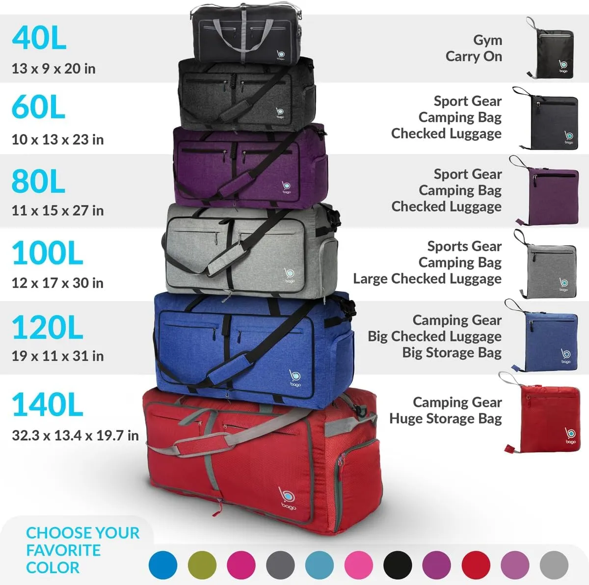 Bago Large Foldable Duffel Bags for Traveling Women & Men - 120L Packable Duffle Bag for Travel with Shoe Compartment - Water Repellant, Heavy Duty, Lightweight Folding & Collapsible (SnowPurple)