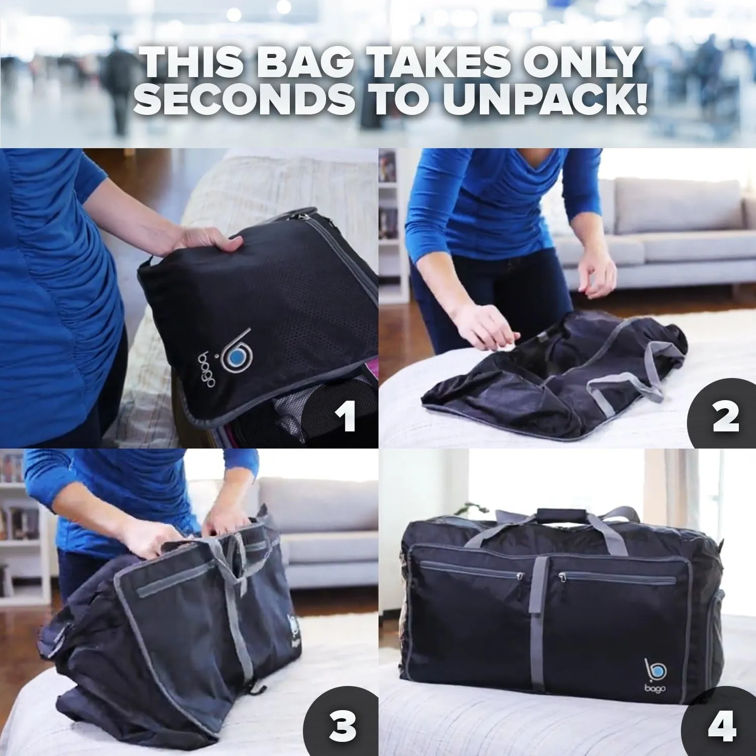 Bago Large Foldable Duffel Bags for Traveling Women & Men - 120L Packable Duffle Bag for Travel with Shoe Compartment - Water Repellant, Heavy Duty, Lightweight Folding & Collapsible (SnowPurple)
