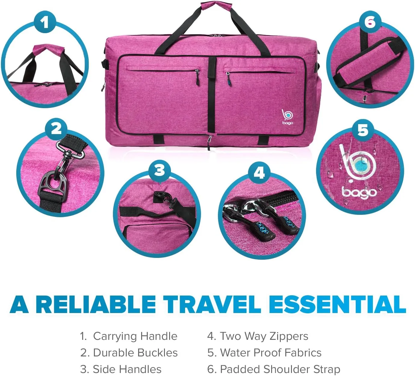 Bago Large Foldable Duffel Bags for Traveling Women & Men - 120L Packable Duffle Bag for Travel with Shoe Compartment - Water Repellant, Heavy Duty, Lightweight Folding & Collapsible (SnowPurple)
