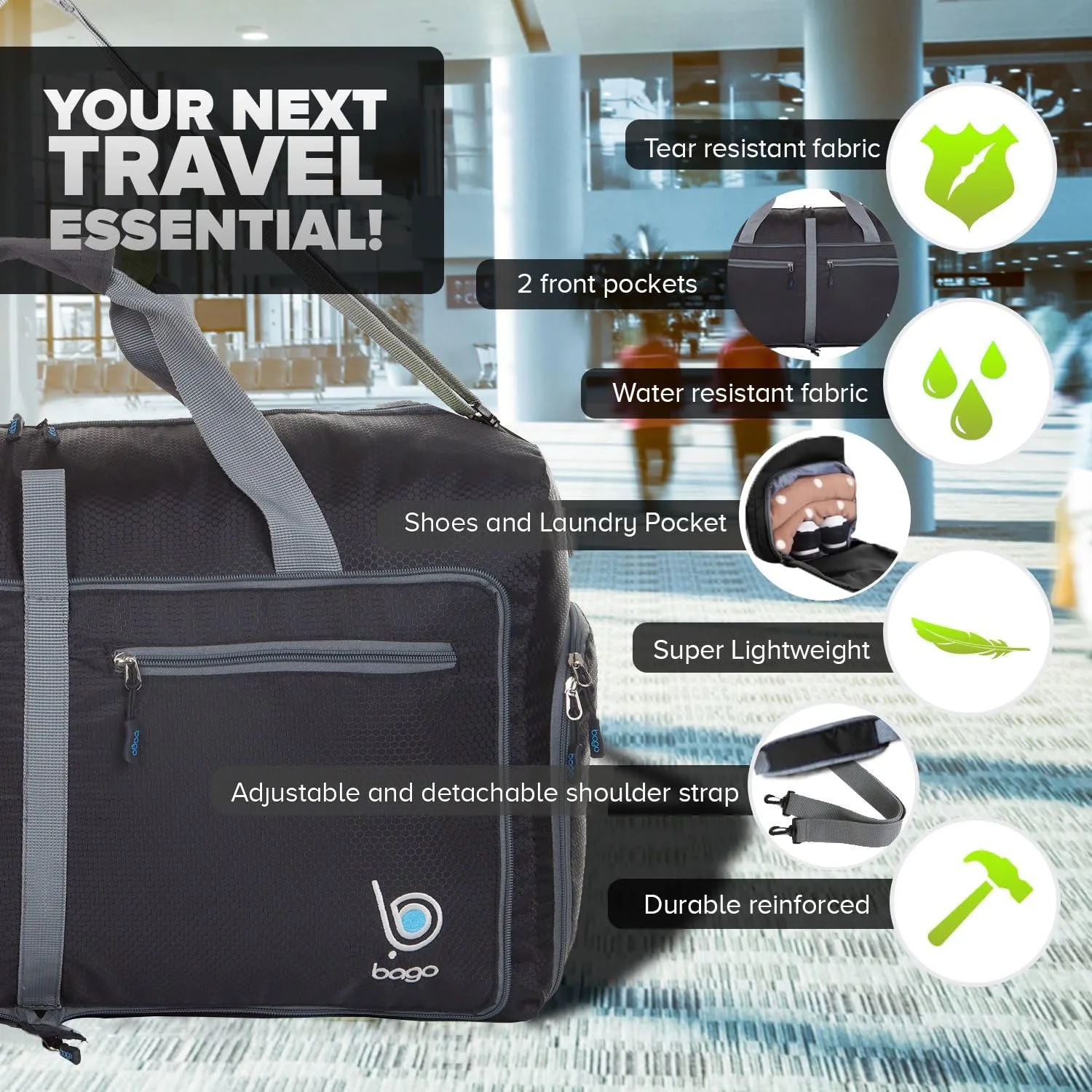 Bago Large Foldable Duffel Bags for Traveling Women & Men - 80L Packable Duffle Bag for Travel with Shoe Compartment - Water Repellant, Heavy Duty, Lightweight Folding & Collapsible (Black)