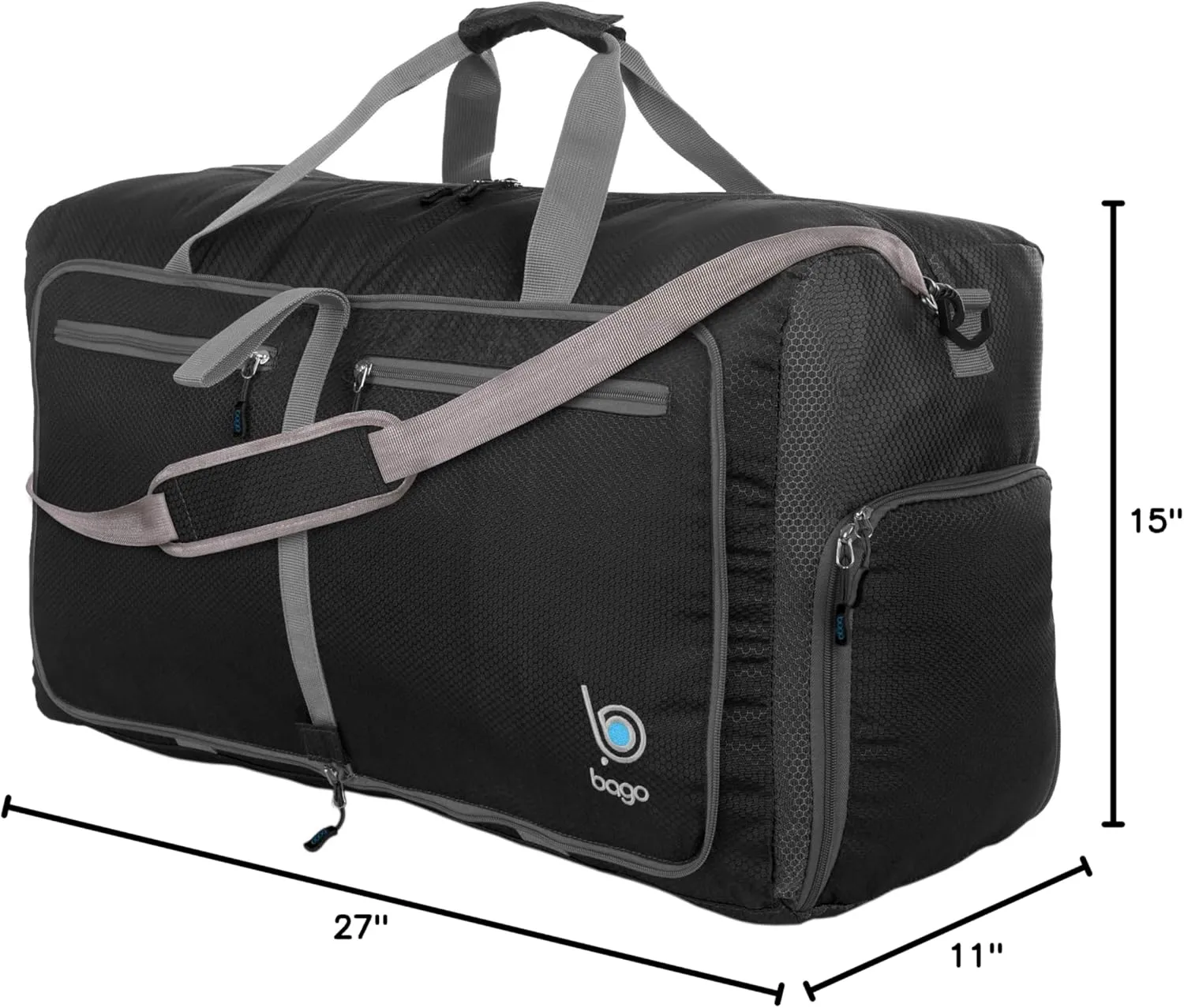 Bago Large Foldable Duffel Bags for Traveling Women & Men - 80L Packable Duffle Bag for Travel with Shoe Compartment - Water Repellant, Heavy Duty, Lightweight Folding & Collapsible (Black)