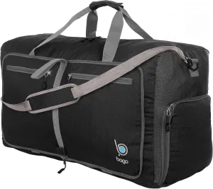 Bago Large Foldable Duffel Bags for Traveling Women & Men - 80L Packable Duffle Bag for Travel with Shoe Compartment - Water Repellant, Heavy Duty, Lightweight Folding & Collapsible (Black)