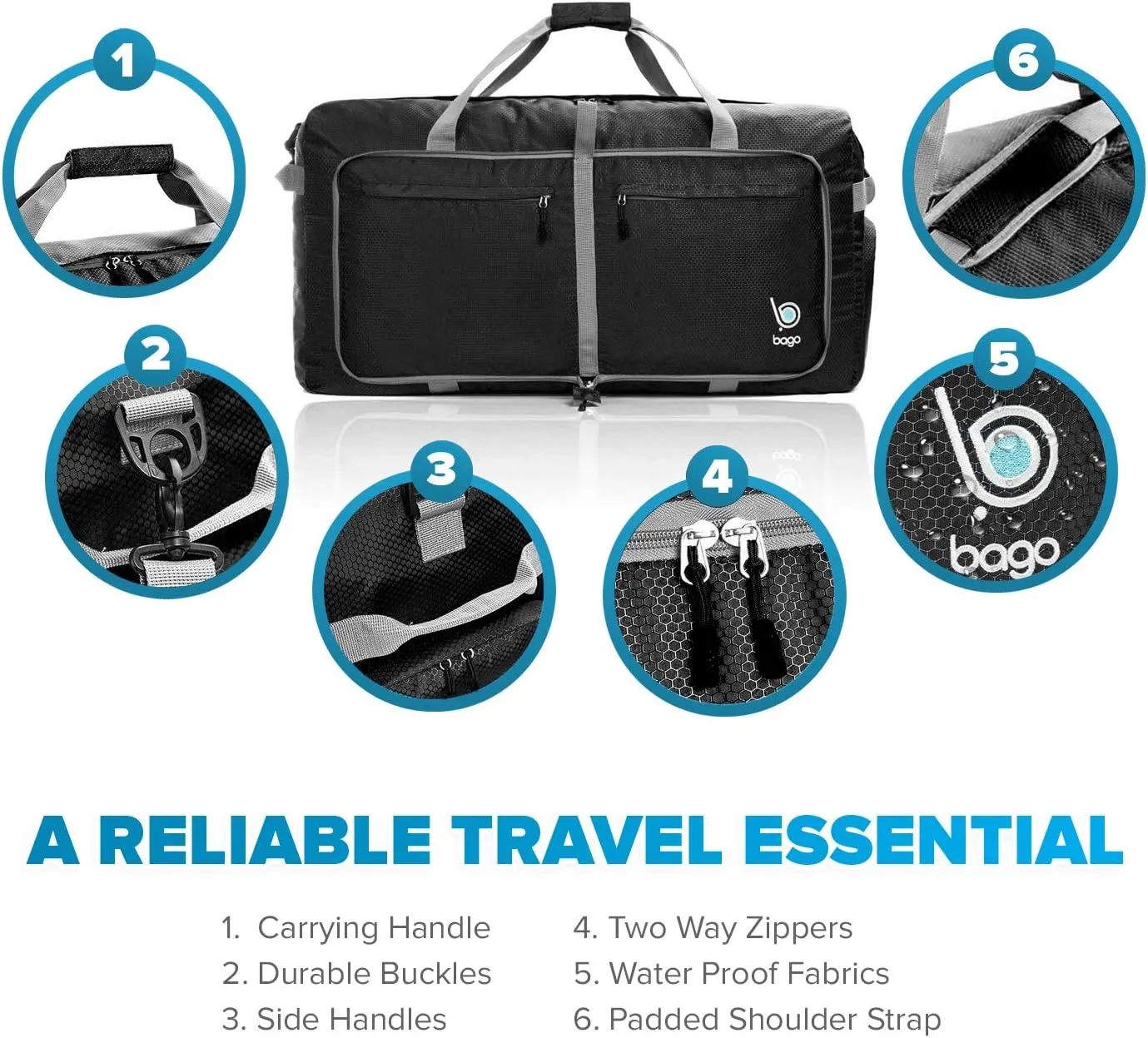Bago Large Foldable Duffel Bags for Traveling Women & Men - 80L Packable Duffle Bag for Travel with Shoe Compartment - Water Repellant, Heavy Duty, Lightweight Folding & Collapsible (Black)