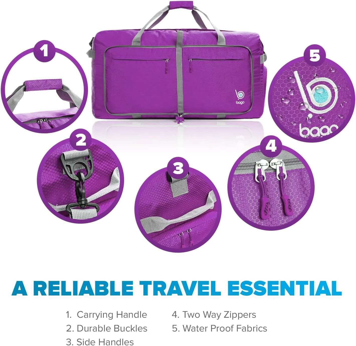 Bago Large Foldable Duffel Bags for Traveling Women & Men - 80L Packable Duffle Bag for Travel with Shoe Compartment - Water Repellant, Heavy Duty, Lightweight Folding & Collapsible (Purple)