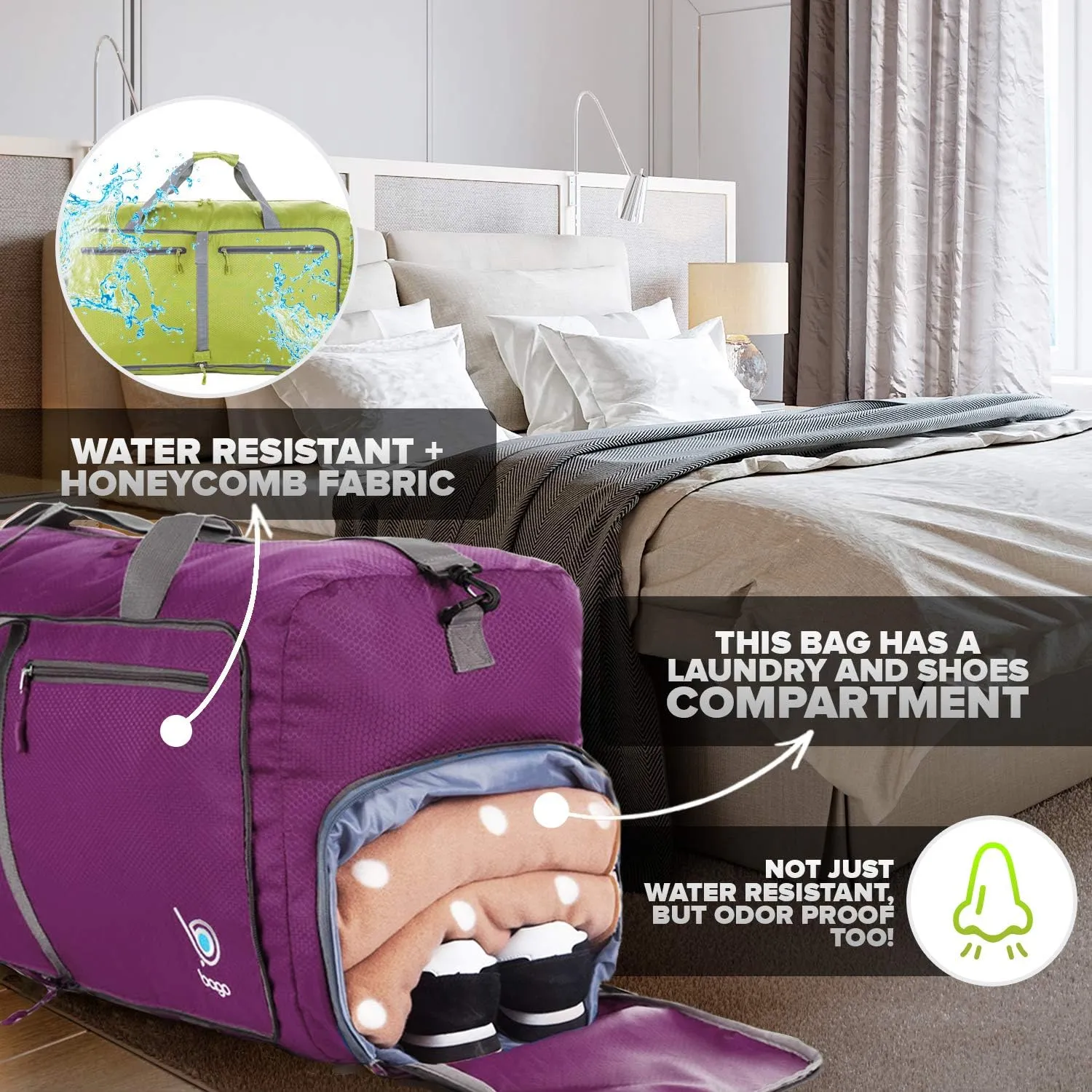Bago Large Foldable Duffel Bags for Traveling Women & Men - 80L Packable Duffle Bag for Travel with Shoe Compartment - Water Repellant, Heavy Duty, Lightweight Folding & Collapsible (Purple)