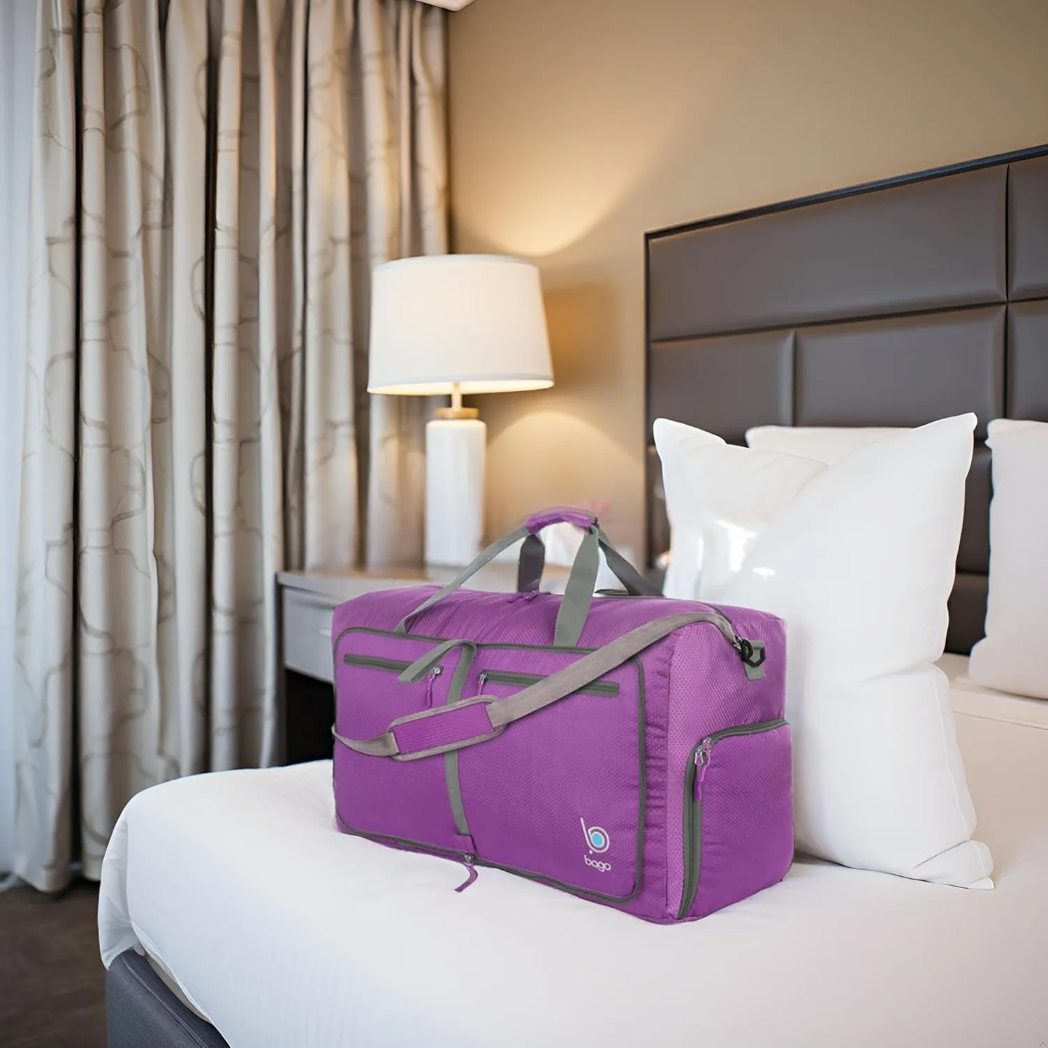Bago Large Foldable Duffel Bags for Traveling Women & Men - 80L Packable Duffle Bag for Travel with Shoe Compartment - Water Repellant, Heavy Duty, Lightweight Folding & Collapsible (Purple)