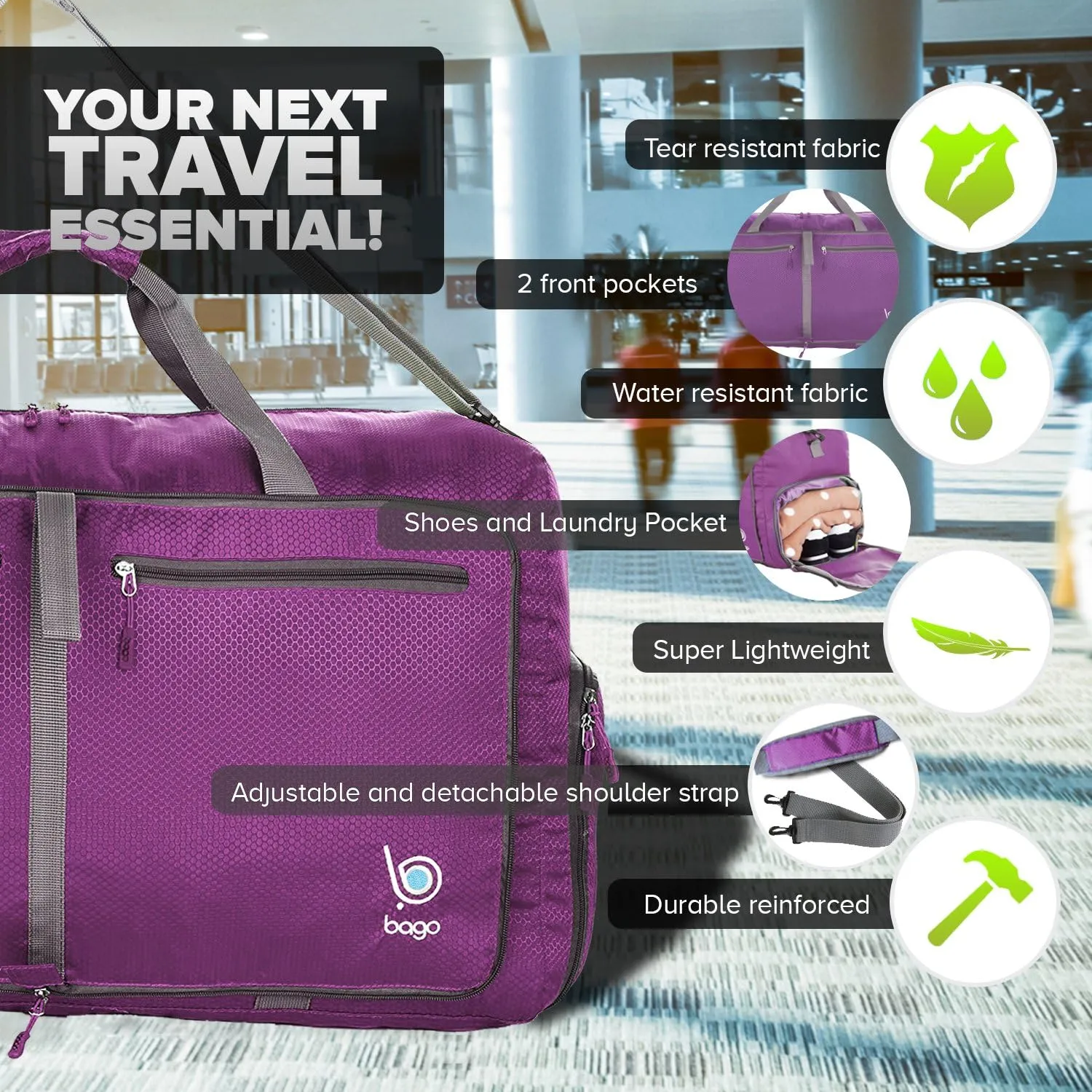 Bago Large Foldable Duffel Bags for Traveling Women & Men - 80L Packable Duffle Bag for Travel with Shoe Compartment - Water Repellant, Heavy Duty, Lightweight Folding & Collapsible (Purple)