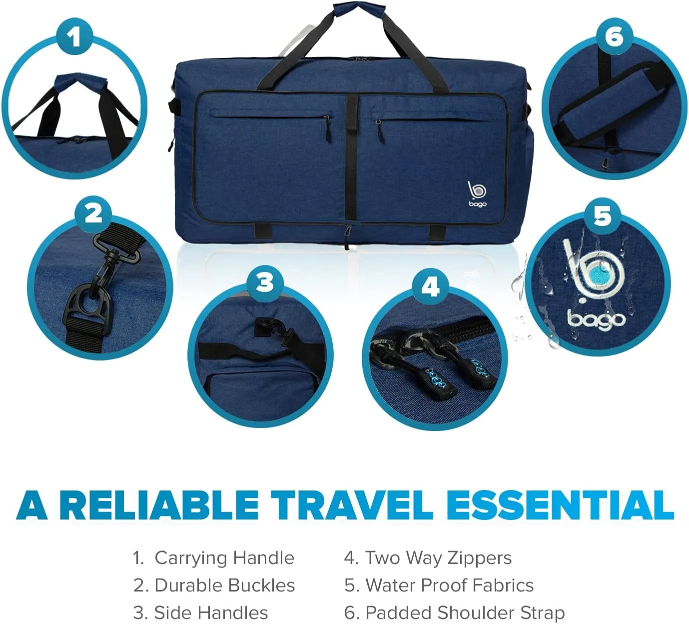 Bago Large Foldable Duffel Bags for Traveling Women & Men - 80L Packable Duffle Bag for Travel with Shoe Compartment - Water Repellant, Heavy Duty, Lightweight Folding & Collapsible (SnowDepBlue)