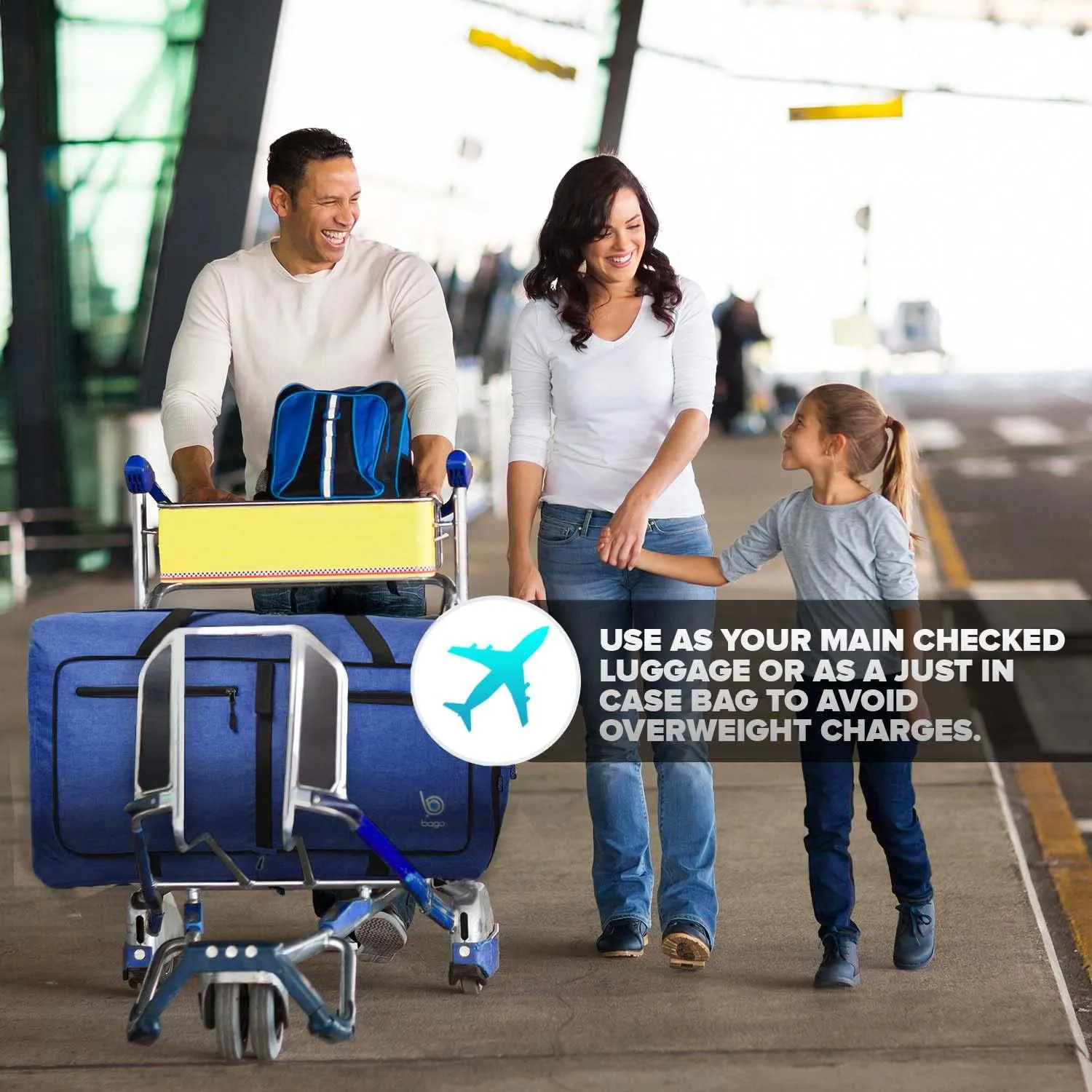 Bago Large Foldable Duffel Bags for Traveling Women & Men - 80L Packable Duffle Bag for Travel with Shoe Compartment - Water Repellant, Heavy Duty, Lightweight Folding & Collapsible (SnowDepBlue)