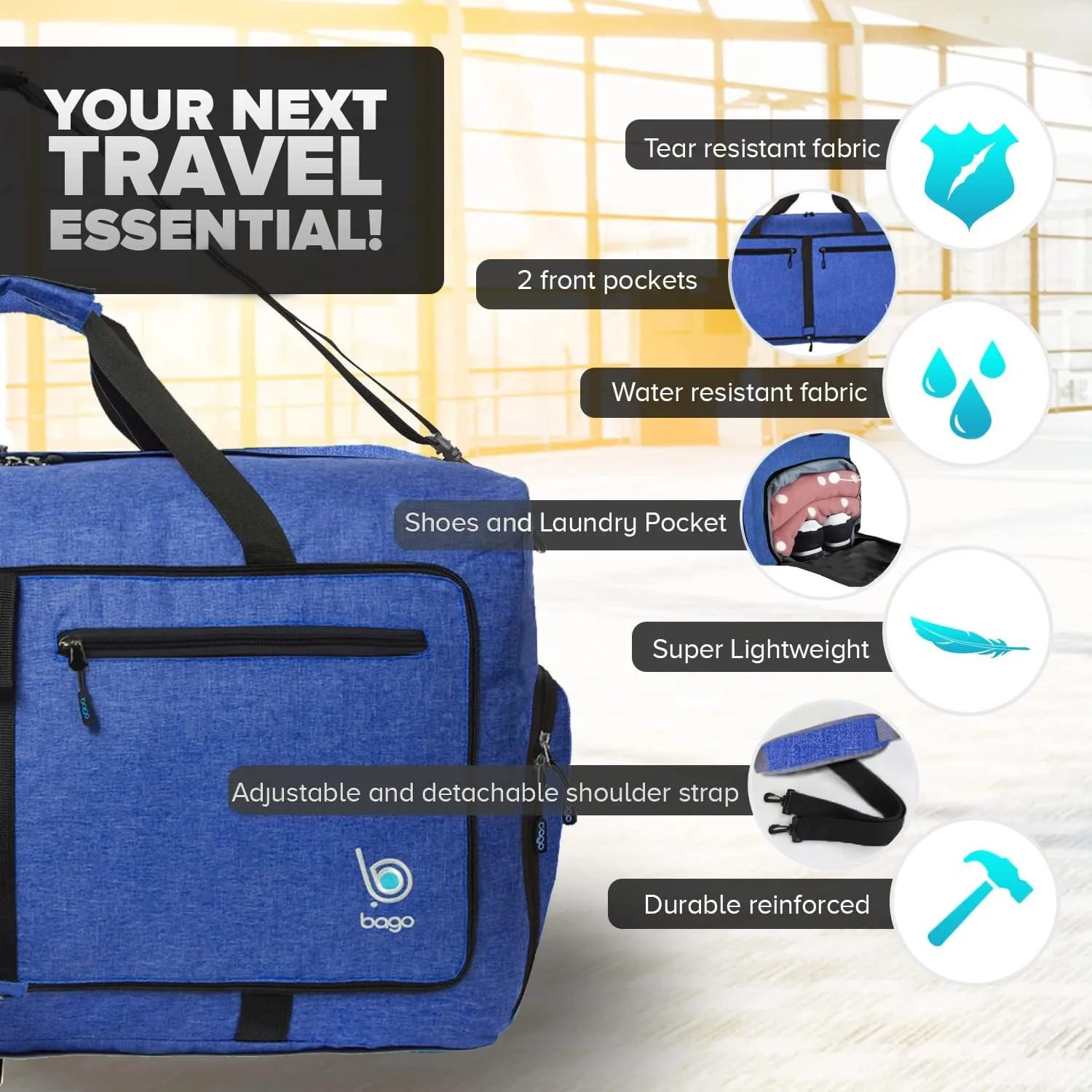 Bago Large Foldable Duffel Bags for Traveling Women & Men - 80L Packable Duffle Bag for Travel with Shoe Compartment - Water Repellant, Heavy Duty, Lightweight Folding & Collapsible (SnowDepBlue)