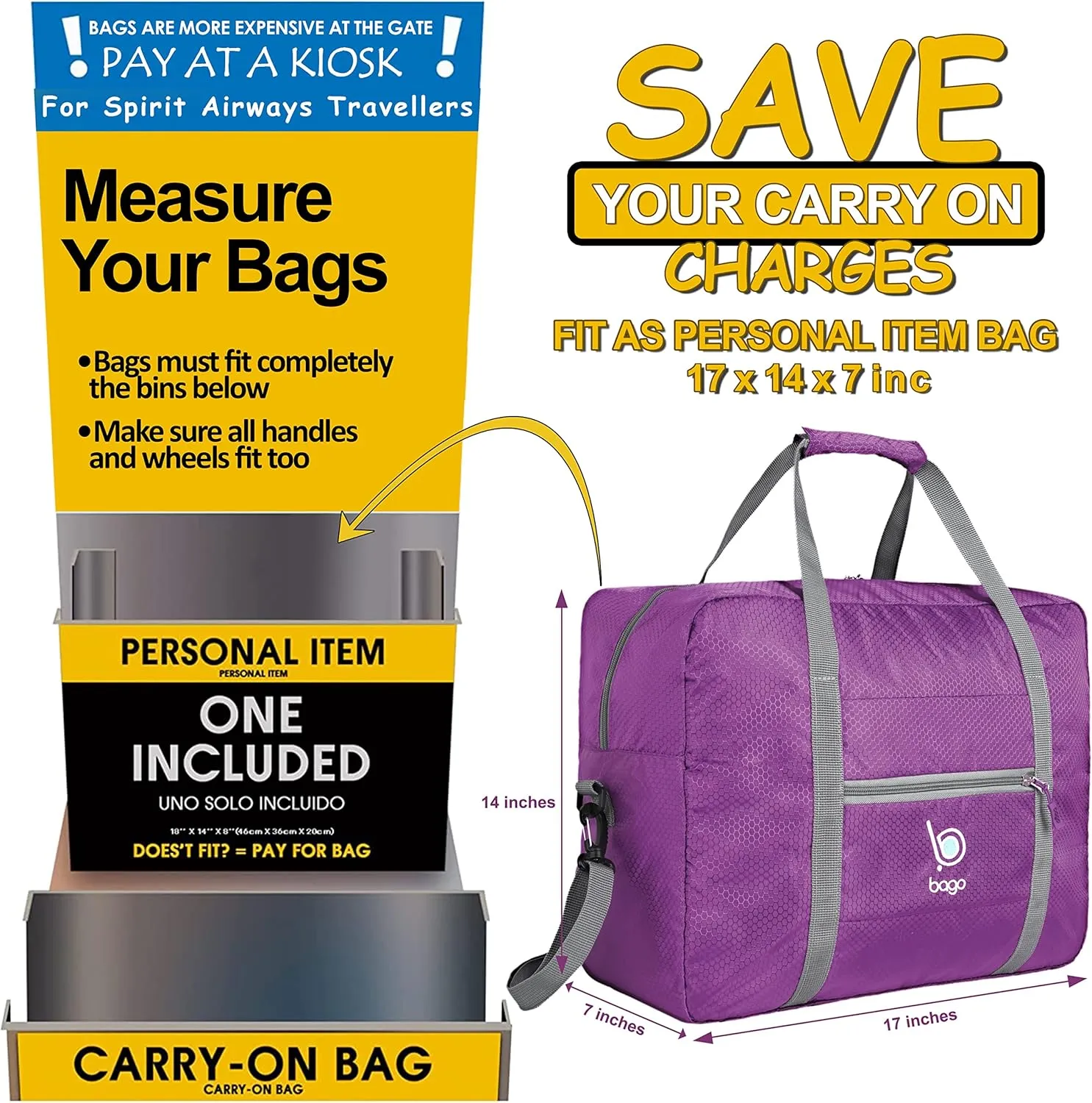 Bago Personal Item Travel Bag For Airlines - Fits As 18x14x8 inches Travel Bag Spirit & Frontier Airlines - Foldable Duffle Bag For Travel - Personal Item Bag Small Carry On Bag For Air Travel