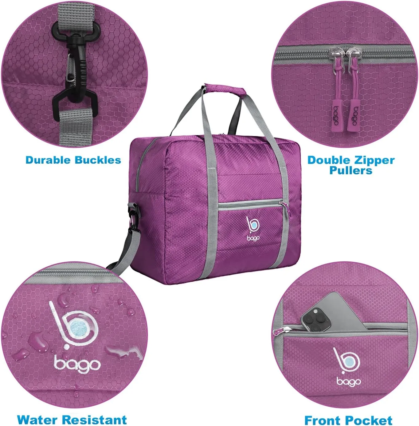 Bago Personal Item Travel Bag For Airlines - Fits As 18x14x8 inches Travel Bag Spirit & Frontier Airlines - Foldable Duffle Bag For Travel - Personal Item Bag Small Carry On Bag For Air Travel