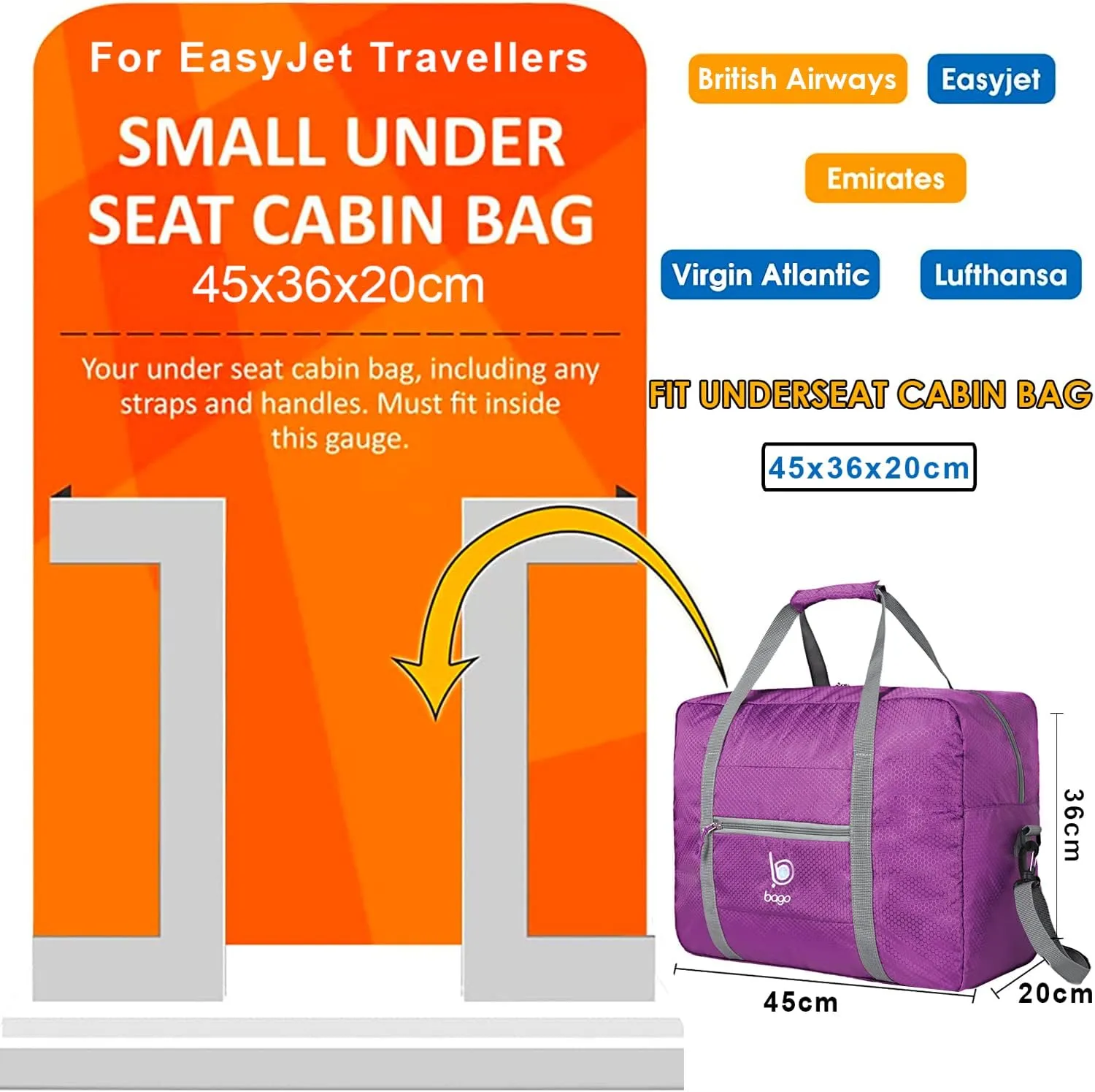 Bago Personal Item Travel Bag For Airlines - Fits As 18x14x8 inches Travel Bag Spirit & Frontier Airlines - Foldable Duffle Bag For Travel - Personal Item Bag Small Carry On Bag For Air Travel