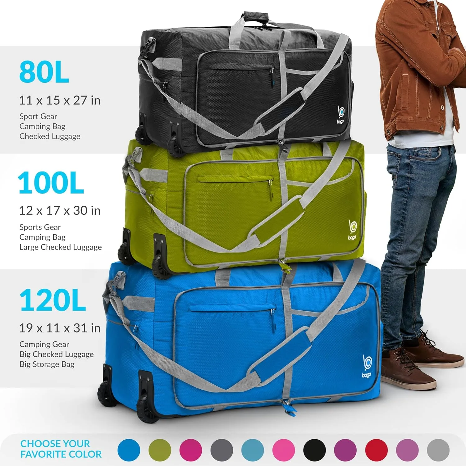 Bago Rolling Duffle Bag with Wheels - 27" 80L Foldable Weekender Bag, Waterproof Travel Duffel Bag, Heavy Duty lightWeight Duffle Bag for Traveling, Rolling Duffel Bag with Wheels (Red)