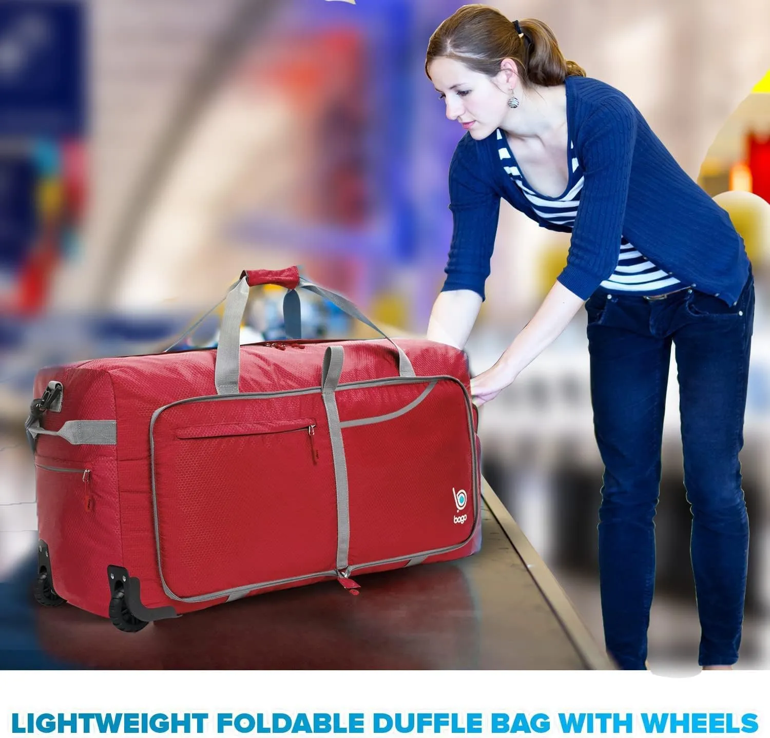 Bago Rolling Duffle Bag with Wheels - 27" 80L Foldable Weekender Bag, Waterproof Travel Duffel Bag, Heavy Duty lightWeight Duffle Bag for Traveling, Rolling Duffel Bag with Wheels (Red)