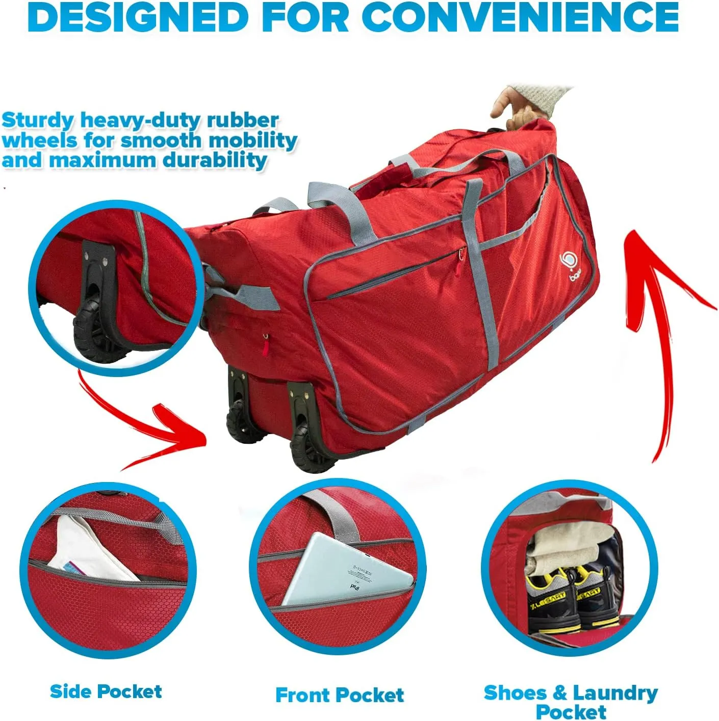 Bago Rolling Duffle Bag with Wheels - 27" 80L Foldable Weekender Bag, Waterproof Travel Duffel Bag, Heavy Duty lightWeight Duffle Bag for Traveling, Rolling Duffel Bag with Wheels (Red)