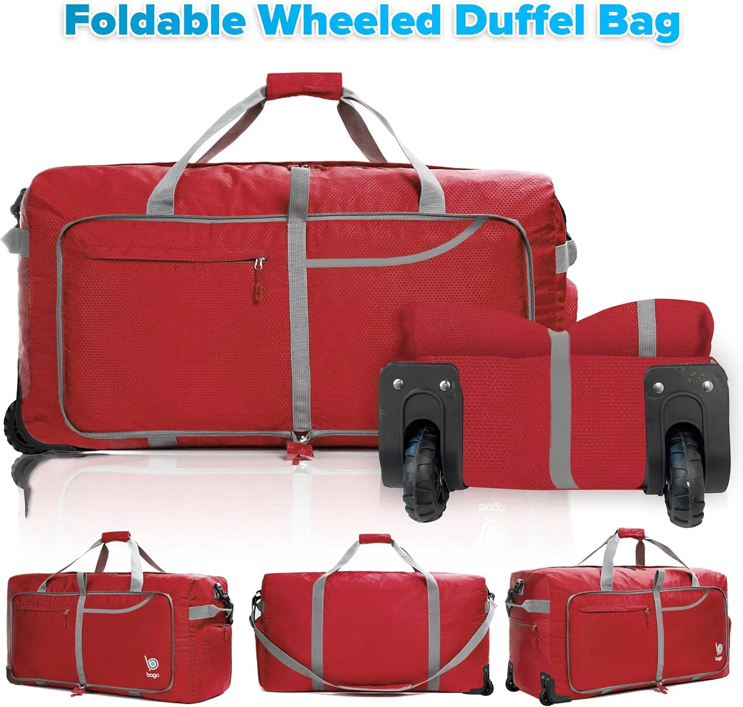 Bago Rolling Duffle Bag with Wheels - 27" 80L Foldable Weekender Bag, Waterproof Travel Duffel Bag, Heavy Duty lightWeight Duffle Bag for Traveling, Rolling Duffel Bag with Wheels (Red)