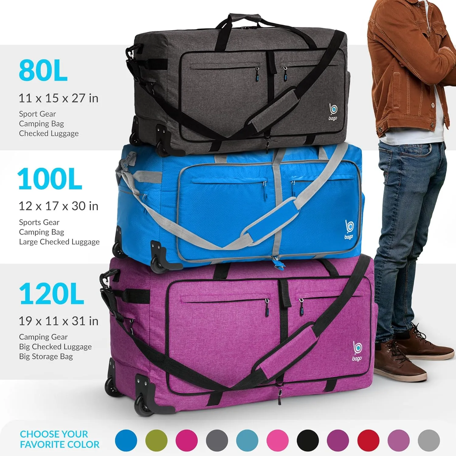 Bago Rolling Duffle Bag with Wheels - 31" 120L Foldable Weekender Bag, Waterproof Travel Duffel Bag, Heavy Duty lightWeight Duffle Bag for Traveling, Rolling Duffel Bag with Wheels (Pink)