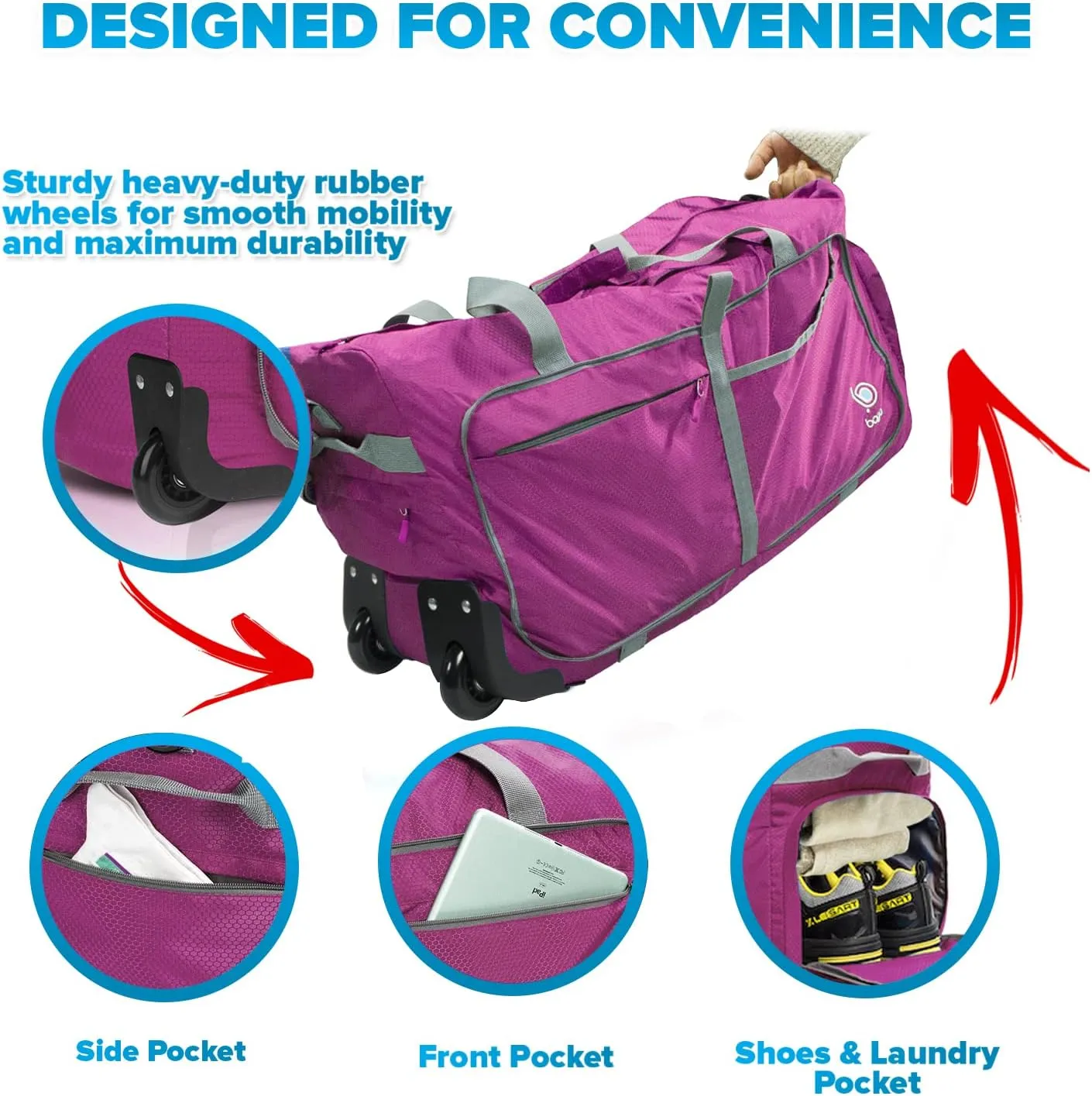 Bago Rolling Duffle Bag with Wheels - 31" 120L Foldable Weekender Bag, Waterproof Travel Duffel Bag, Heavy Duty lightWeight Duffle Bag for Traveling, Rolling Duffel Bag with Wheels (Pink)