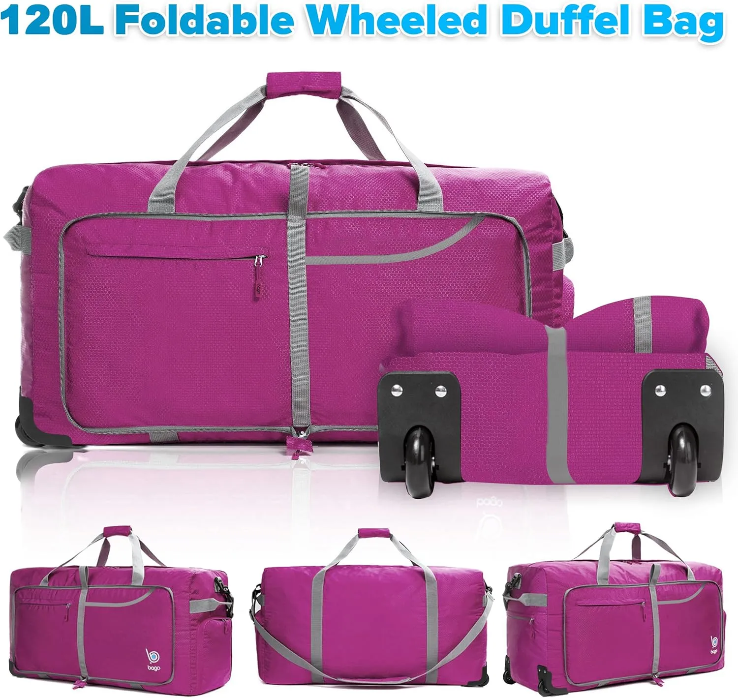 Bago Rolling Duffle Bag with Wheels - 31" 120L Foldable Weekender Bag, Waterproof Travel Duffel Bag, Heavy Duty lightWeight Duffle Bag for Traveling, Rolling Duffel Bag with Wheels (Pink)
