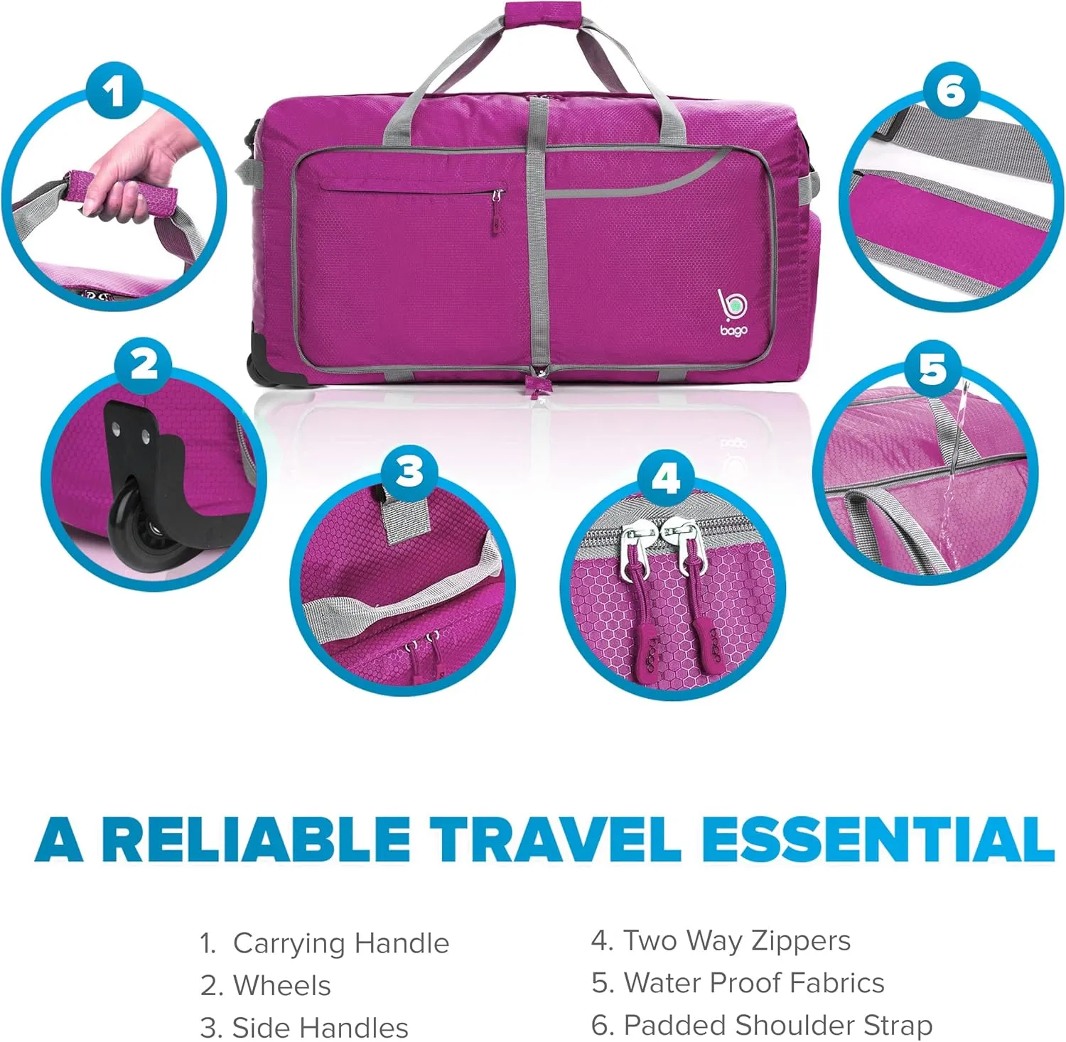Bago Rolling Duffle Bag with Wheels - 31" 120L Foldable Weekender Bag, Waterproof Travel Duffel Bag, Heavy Duty lightWeight Duffle Bag for Traveling, Rolling Duffel Bag with Wheels (Pink)