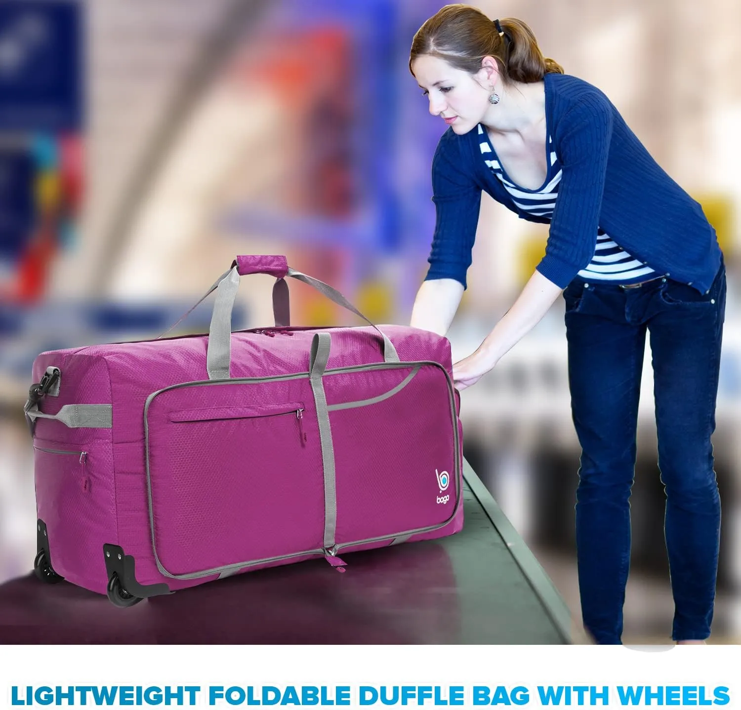 Bago Rolling Duffle Bag with Wheels - 31" 120L Foldable Weekender Bag, Waterproof Travel Duffel Bag, Heavy Duty lightWeight Duffle Bag for Traveling, Rolling Duffel Bag with Wheels (Pink)