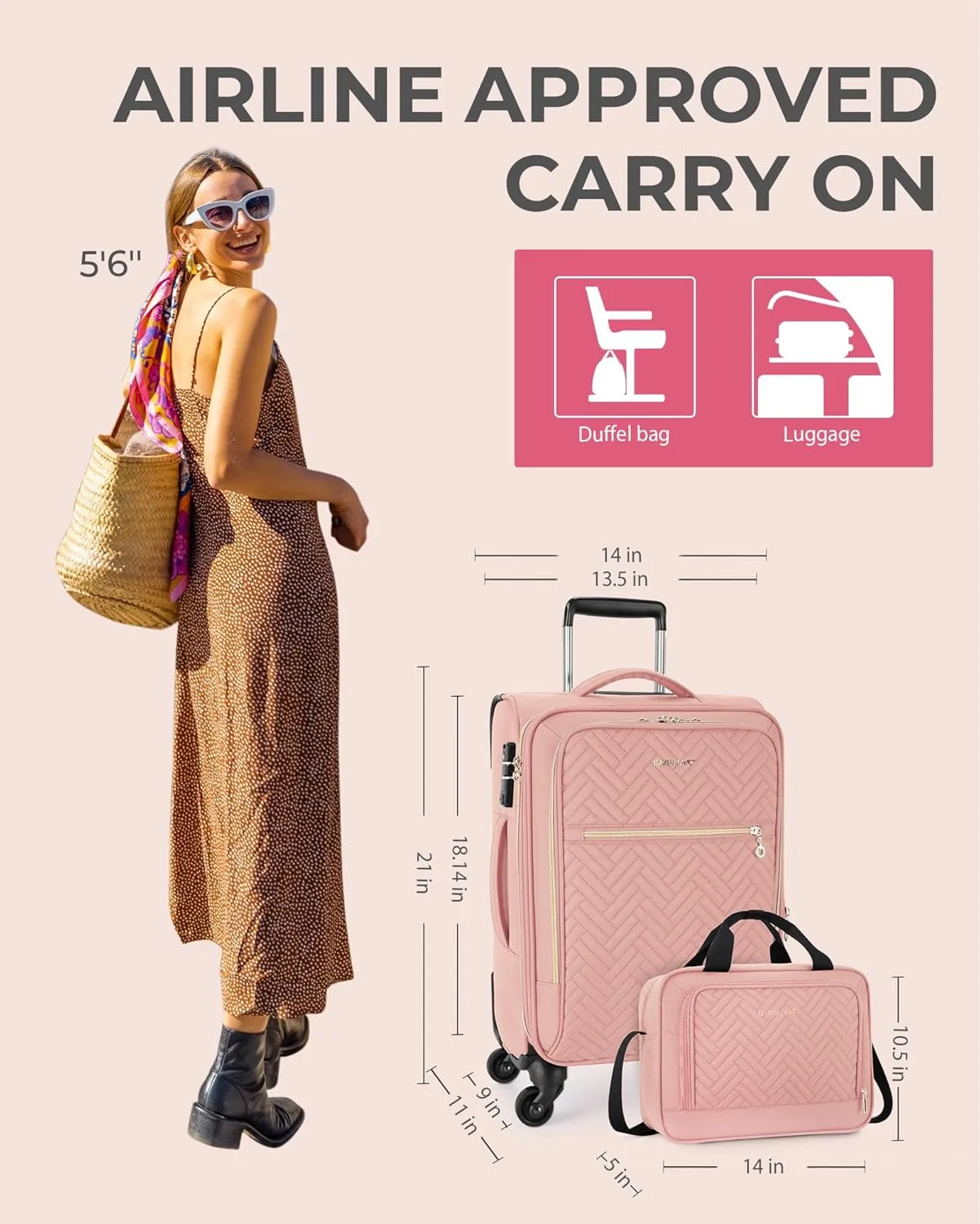 BAGSMART 20 Inch Carry On Suitcase, Lightweight, Expandable, TSA Lock, Polyester, Pink