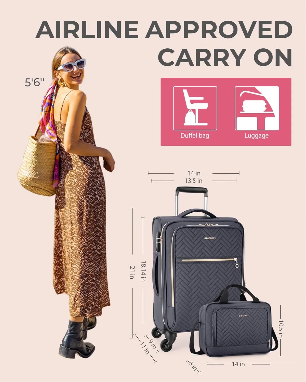 BAGSMART Carry On Luggage 20 Inch, Expandable Suitcase with Duffel, Luggage Airline Approved Rolling Softside Lightweight Suitcases with Front Pocket for Women Men, Carry-On Grey