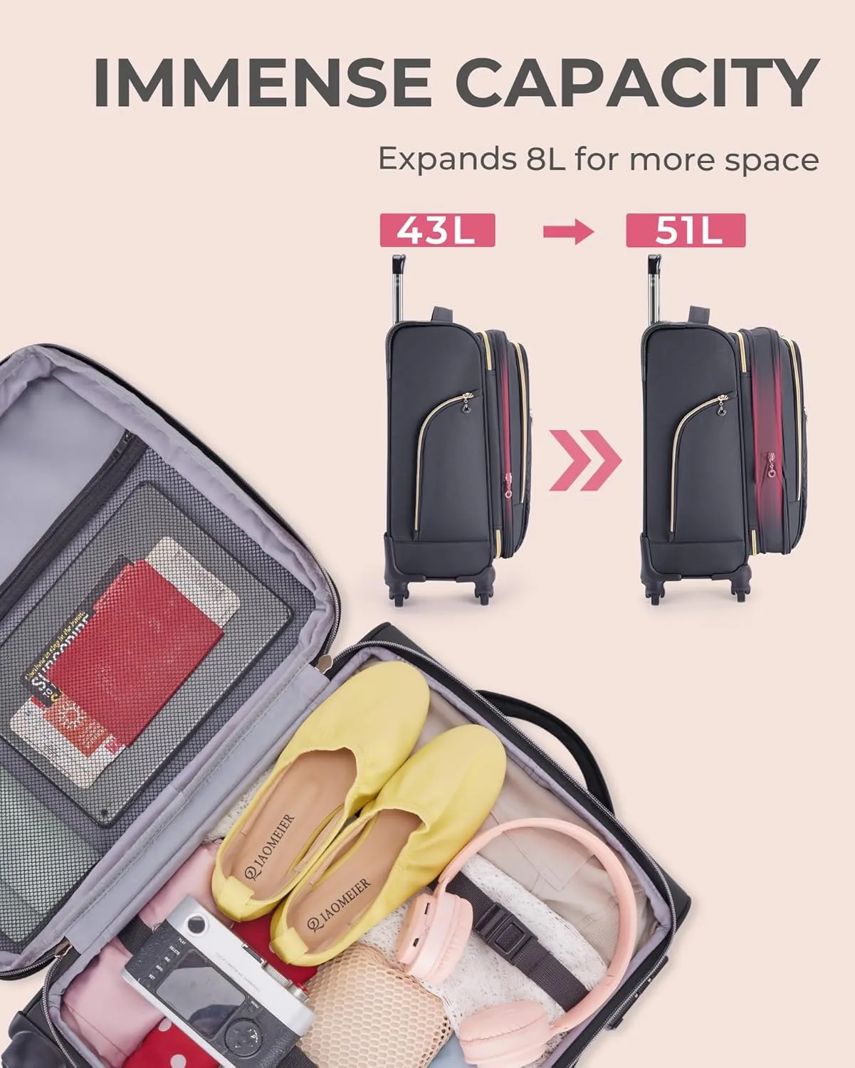 BAGSMART Carry On Luggage 20 Inch, Expandable Suitcase with Duffel, Luggage Airline Approved Rolling Softside Lightweight Suitcases with Front Pocket for Women Men, Carry-On Grey