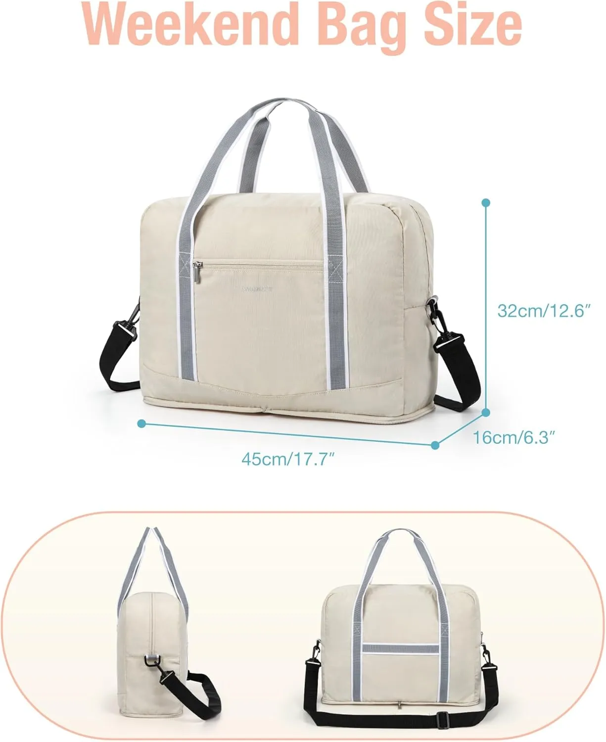 BAGSMART For Spirit Airlines Personal Item Bag 18x14x8, Foldable Travel Duffel Bag Tote Weekend Overnight Bag Carry on Luggage for Women and Men(Beige)