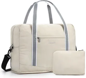 BAGSMART For Spirit Airlines Personal Item Bag 18x14x8, Foldable Travel Duffel Bag Tote Weekend Overnight Bag Carry on Luggage for Women and Men(Beige)