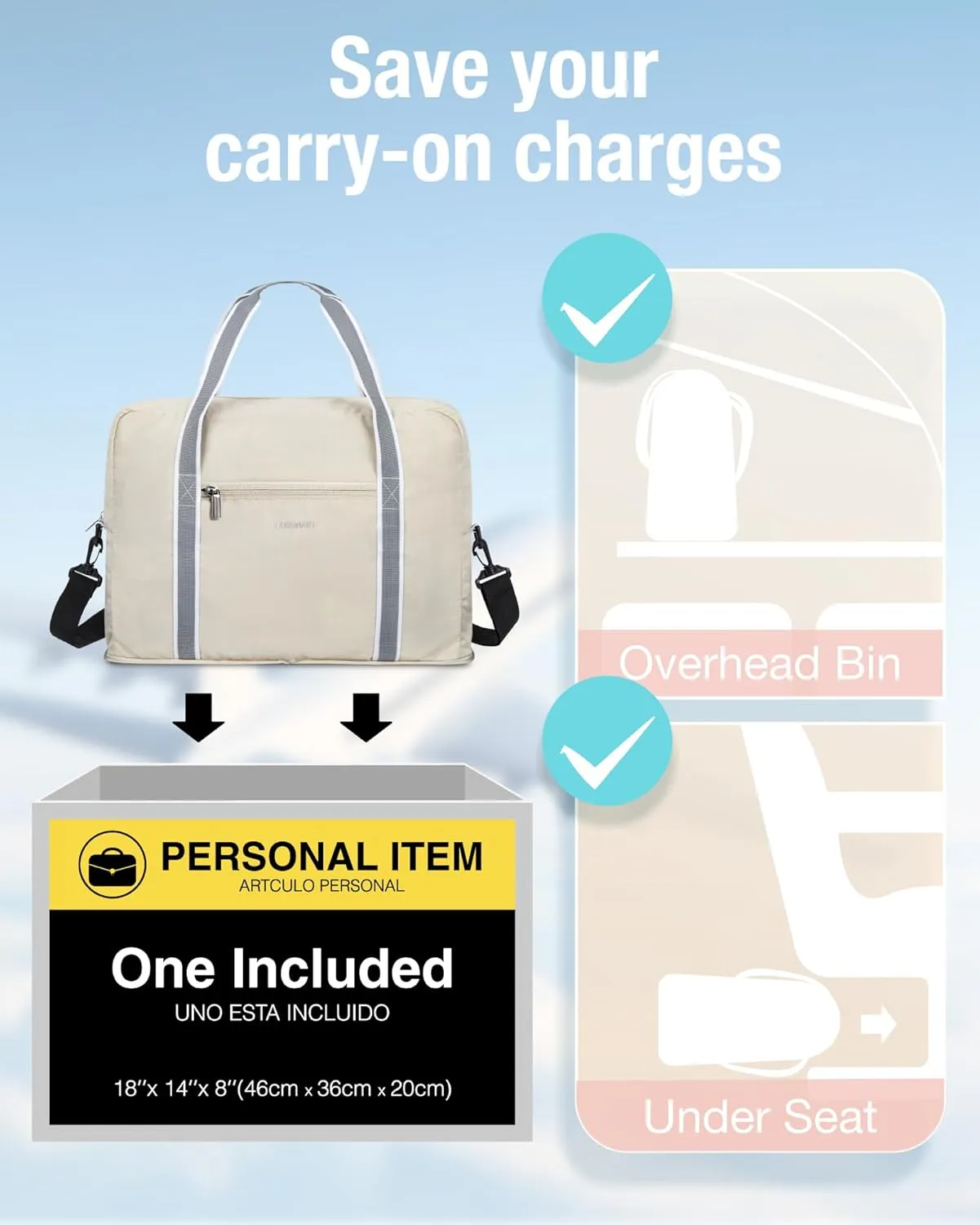 BAGSMART For Spirit Airlines Personal Item Bag 18x14x8, Foldable Travel Duffel Bag Tote Weekend Overnight Bag Carry on Luggage for Women and Men(Beige)