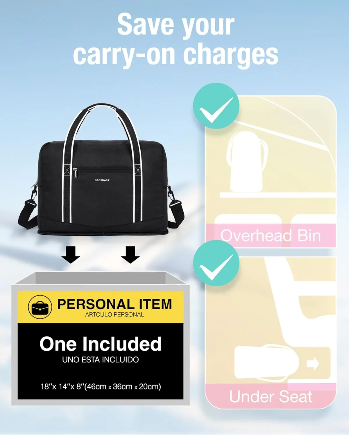 BAGSMART For Spirit Airlines Personal Item Bag 18x14x8, Foldable Travel Duffel Bag Tote Weekend Overnight Bag Carry on Luggage for Women and Men(Black)