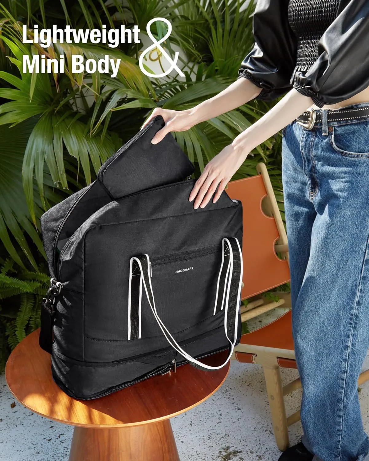 BAGSMART For Spirit Airlines Personal Item Bag 18x14x8, Foldable Travel Duffel Bag Tote Weekend Overnight Bag Carry on Luggage for Women and Men(Black)