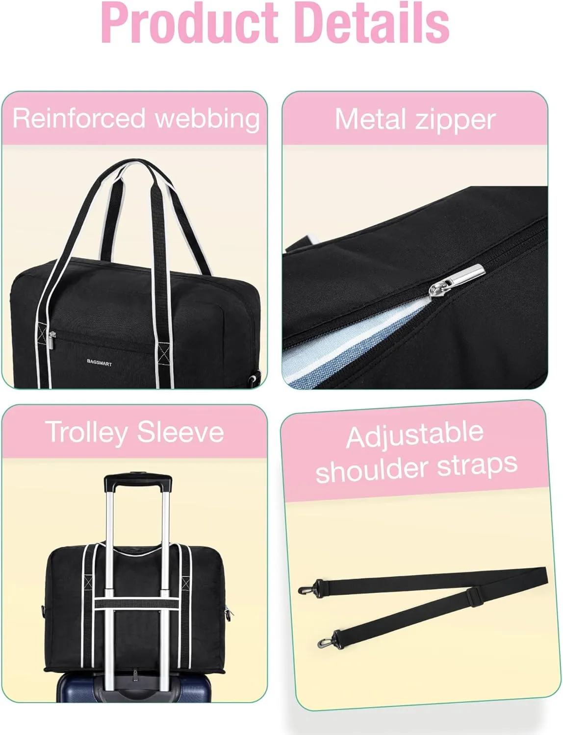 BAGSMART For Spirit Airlines Personal Item Bag 18x14x8, Foldable Travel Duffel Bag Tote Weekend Overnight Bag Carry on Luggage for Women and Men(Black)