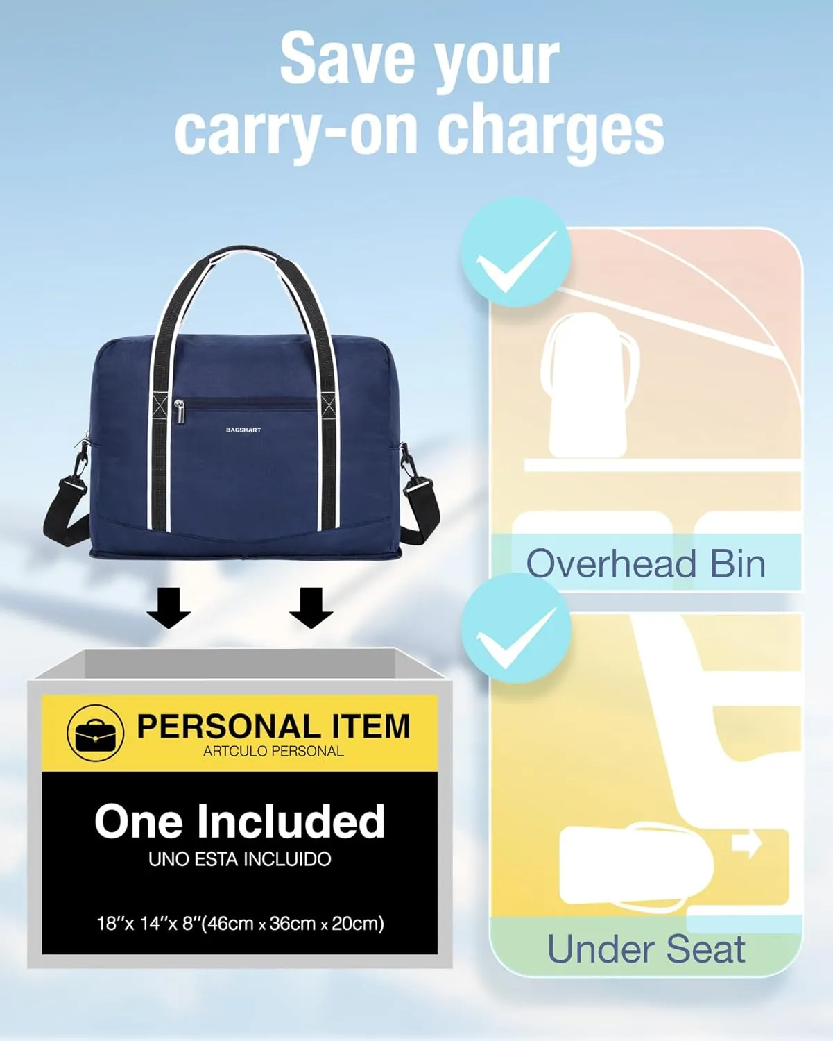 BAGSMART For Spirit Airlines Personal Item Bag 18x14x8, Foldable Travel Duffel Bag Tote Weekend Overnight Bag Carry on Luggage for Women and Men(Navy Blue))