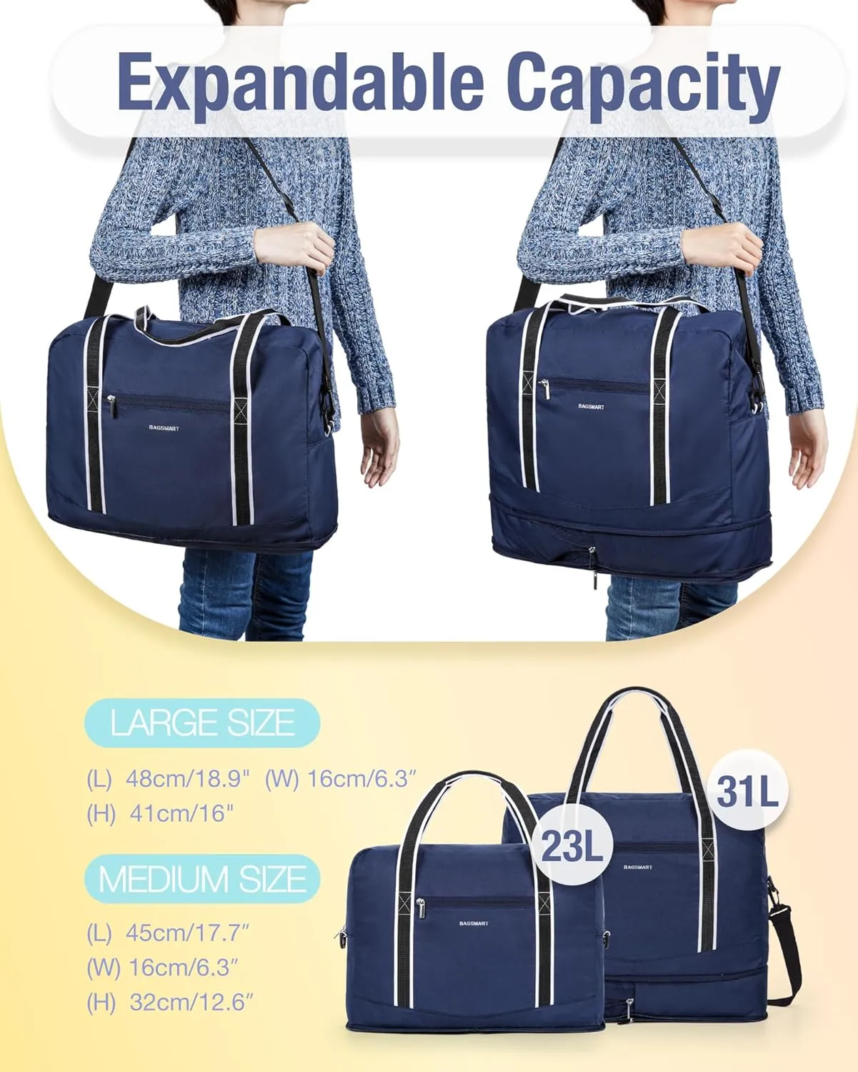 BAGSMART For Spirit Airlines Personal Item Bag 18x14x8, Foldable Travel Duffel Bag Tote Weekend Overnight Bag Carry on Luggage for Women and Men(Navy Blue))