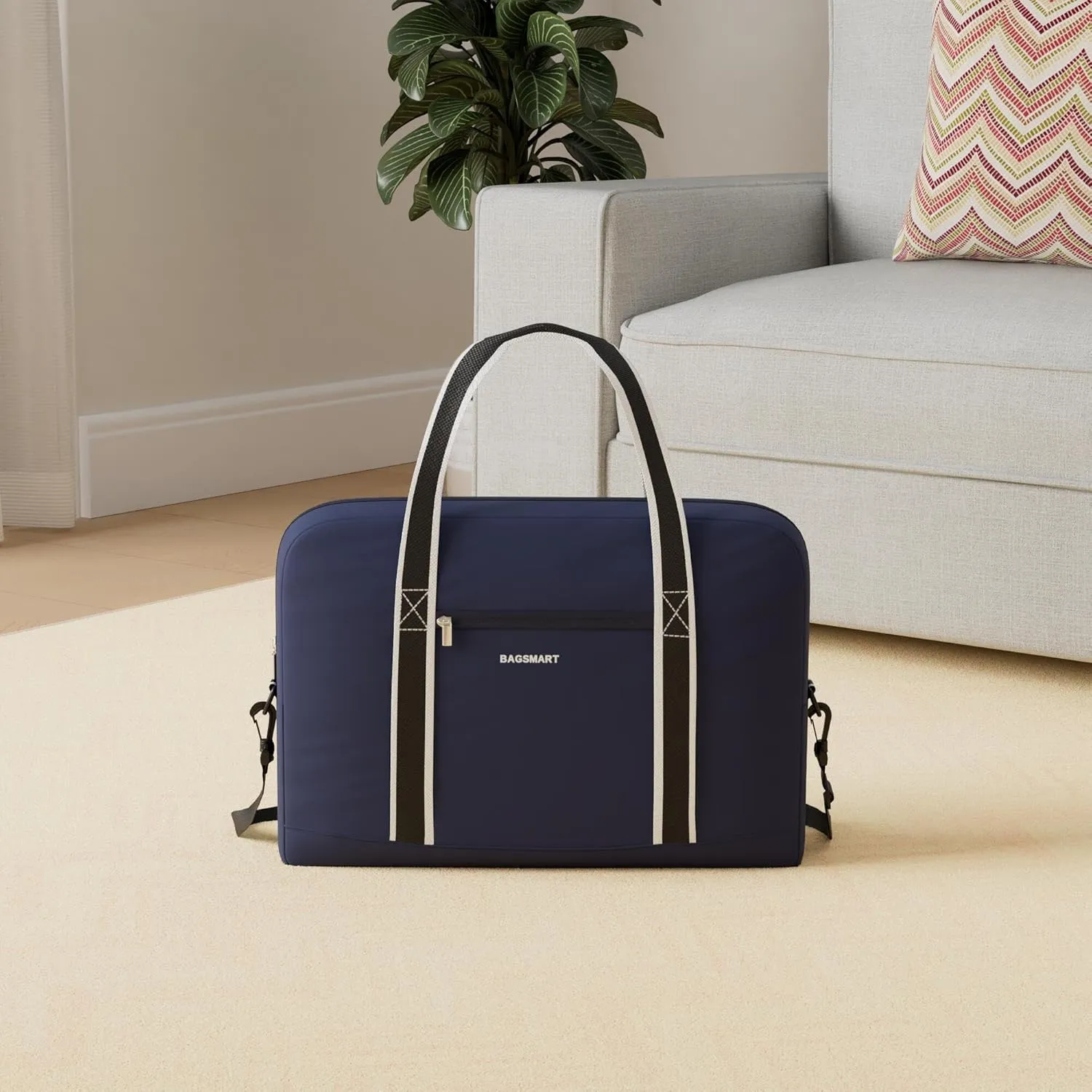 BAGSMART For Spirit Airlines Personal Item Bag 18x14x8, Foldable Travel Duffel Bag Tote Weekend Overnight Bag Carry on Luggage for Women and Men(Navy Blue))