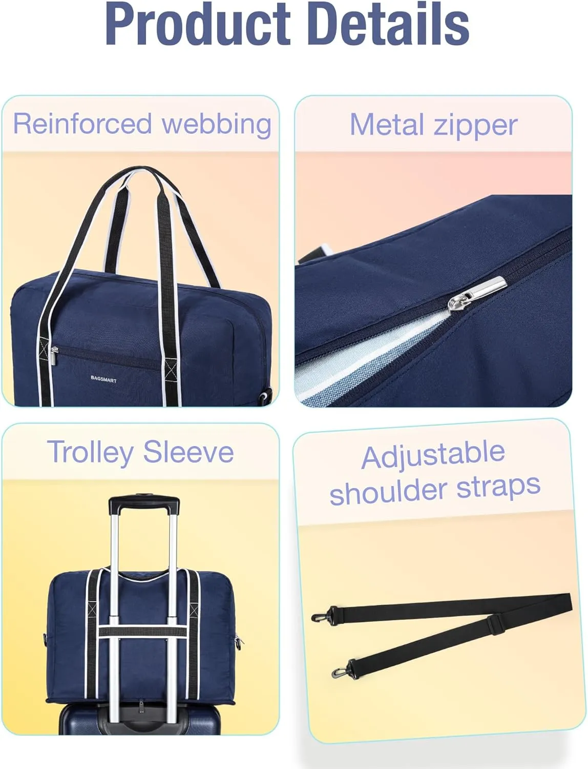 BAGSMART For Spirit Airlines Personal Item Bag 18x14x8, Foldable Travel Duffel Bag Tote Weekend Overnight Bag Carry on Luggage for Women and Men(Navy Blue))
