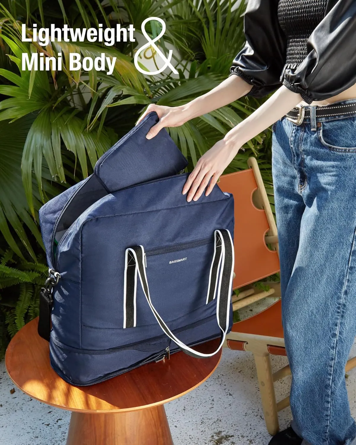 BAGSMART For Spirit Airlines Personal Item Bag 18x14x8, Foldable Travel Duffel Bag Tote Weekend Overnight Bag Carry on Luggage for Women and Men(Navy Blue))